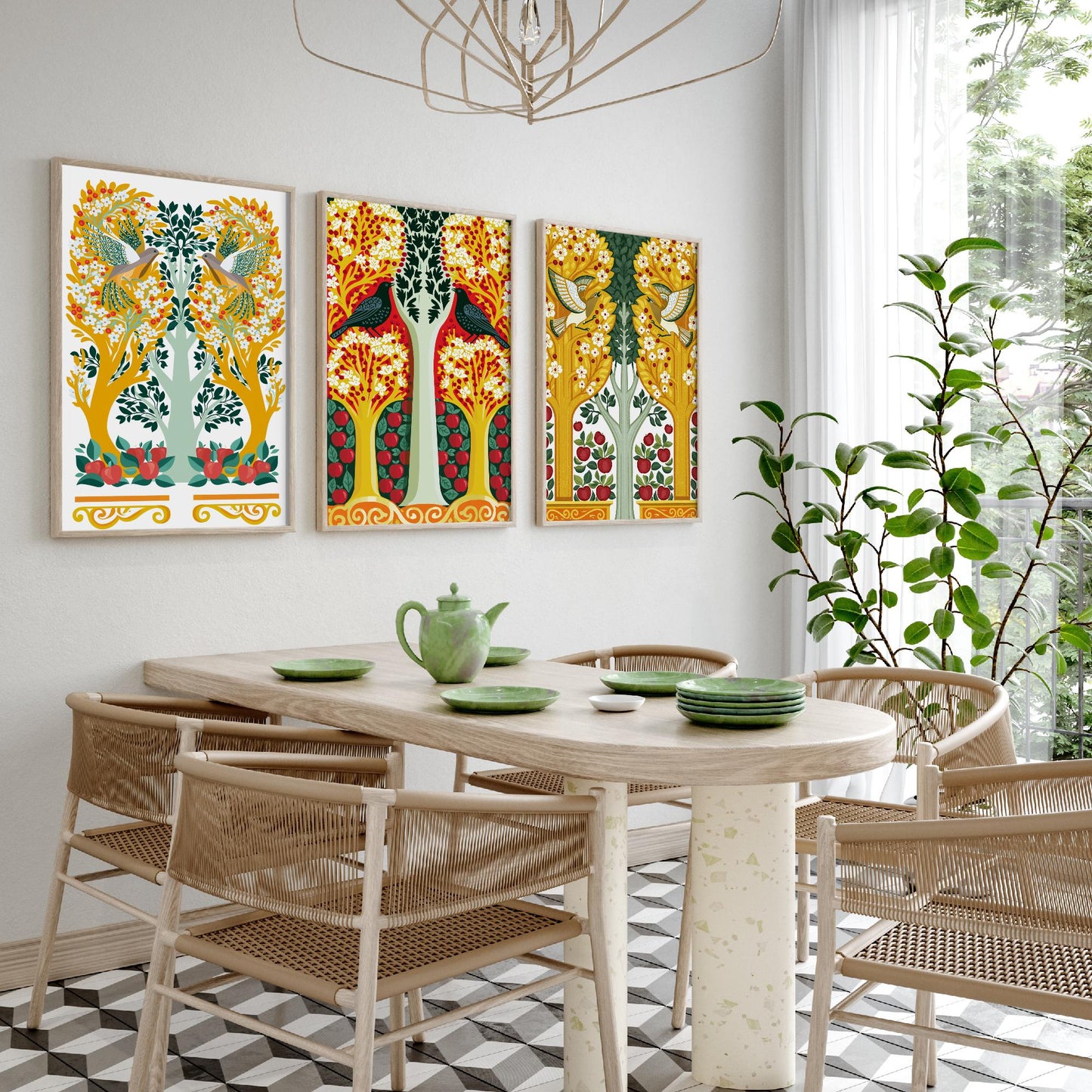 Scottish Book of the Woodlands Art Prints - Set of Three Gold & Red Forest Posters - Woodpecker and Dove Paintings V14