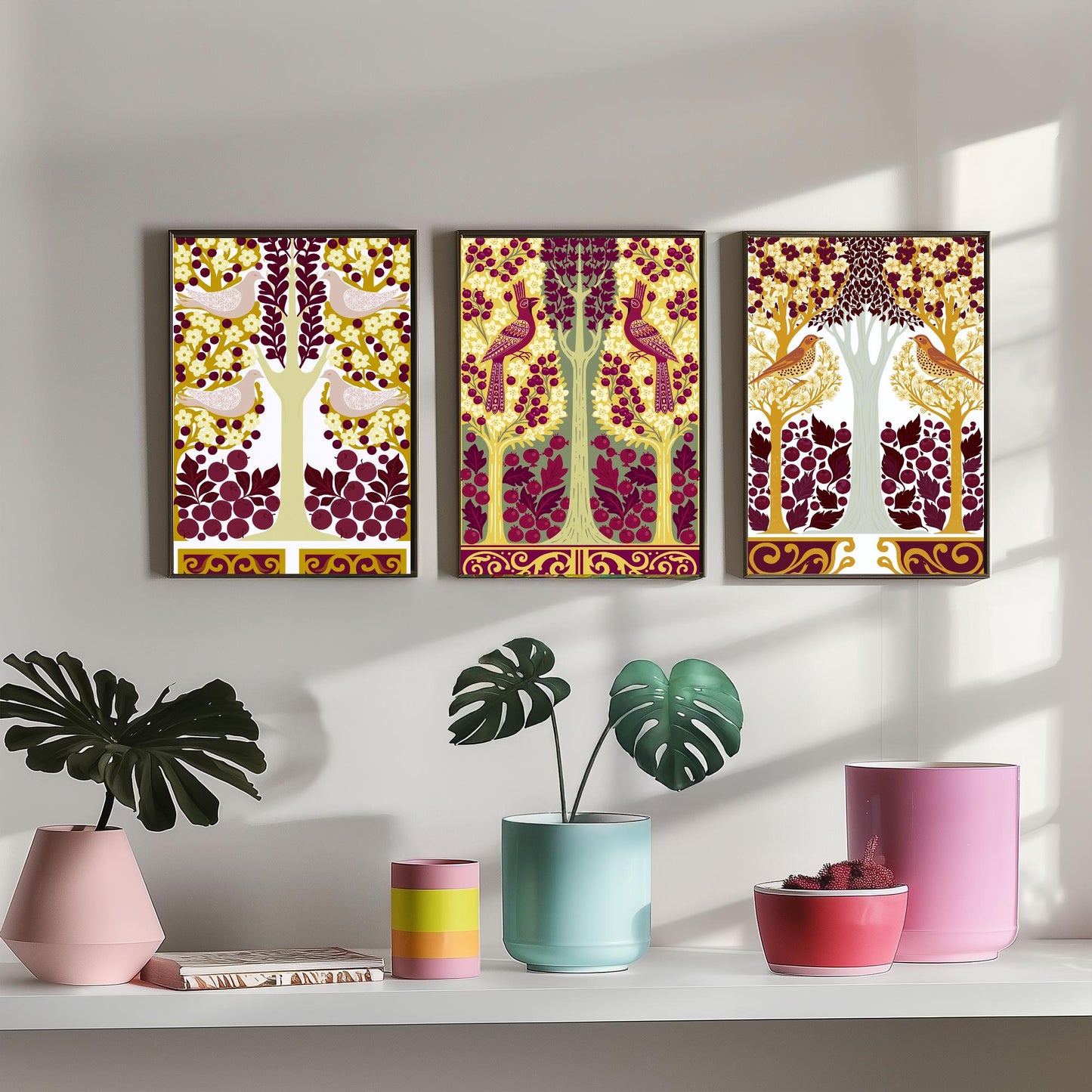 Scottish Book of the Woodlands Art Prints - Set of Three Mustard & Plum Forest Posters - Pheasant and Dove Paintings V15