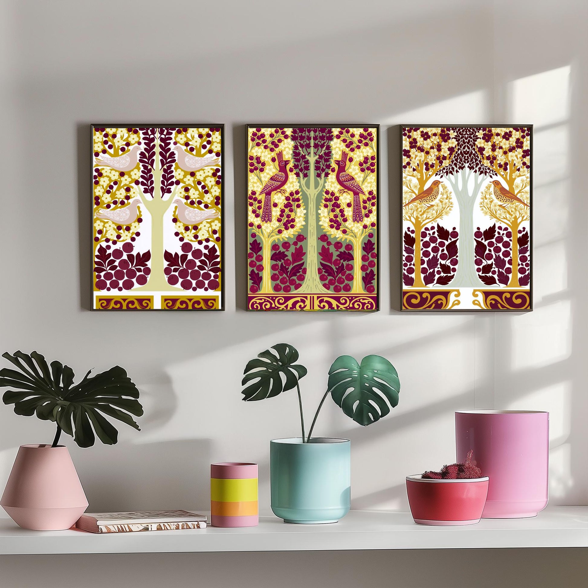 Scottish Book of the Woodlands Art Prints - Set of Three Mustard & Plum Forest Posters - Pheasant and Dove Paintings V15