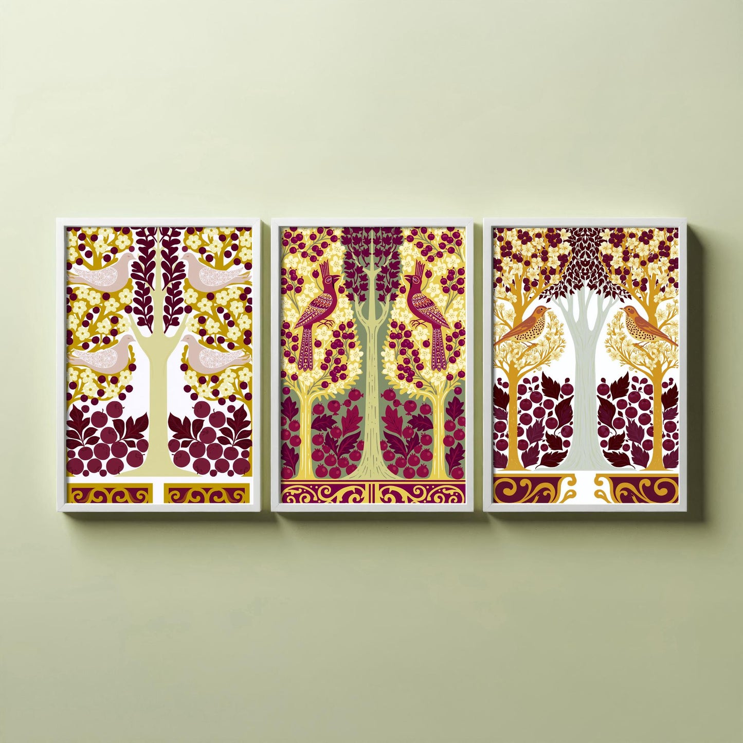 Scottish Book of the Woodlands Art Prints - Set of Three Mustard & Plum Forest Posters - Pheasant and Dove Paintings V15