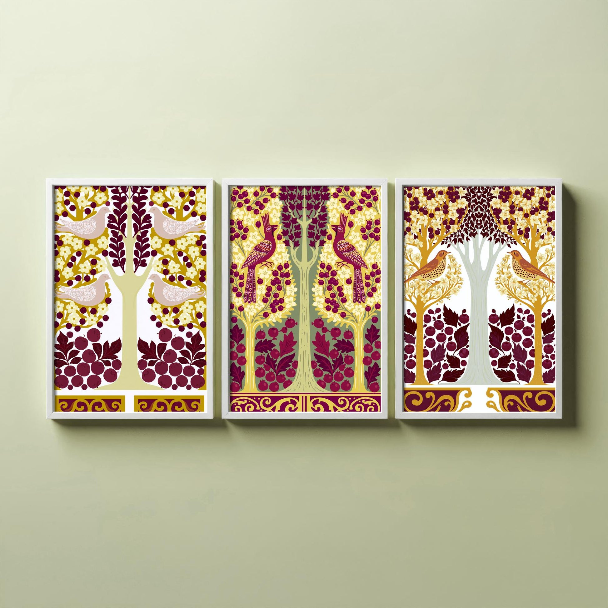 Scottish Book of the Woodlands Art Prints - Set of Three Mustard & Plum Forest Posters - Pheasant and Dove Paintings V15