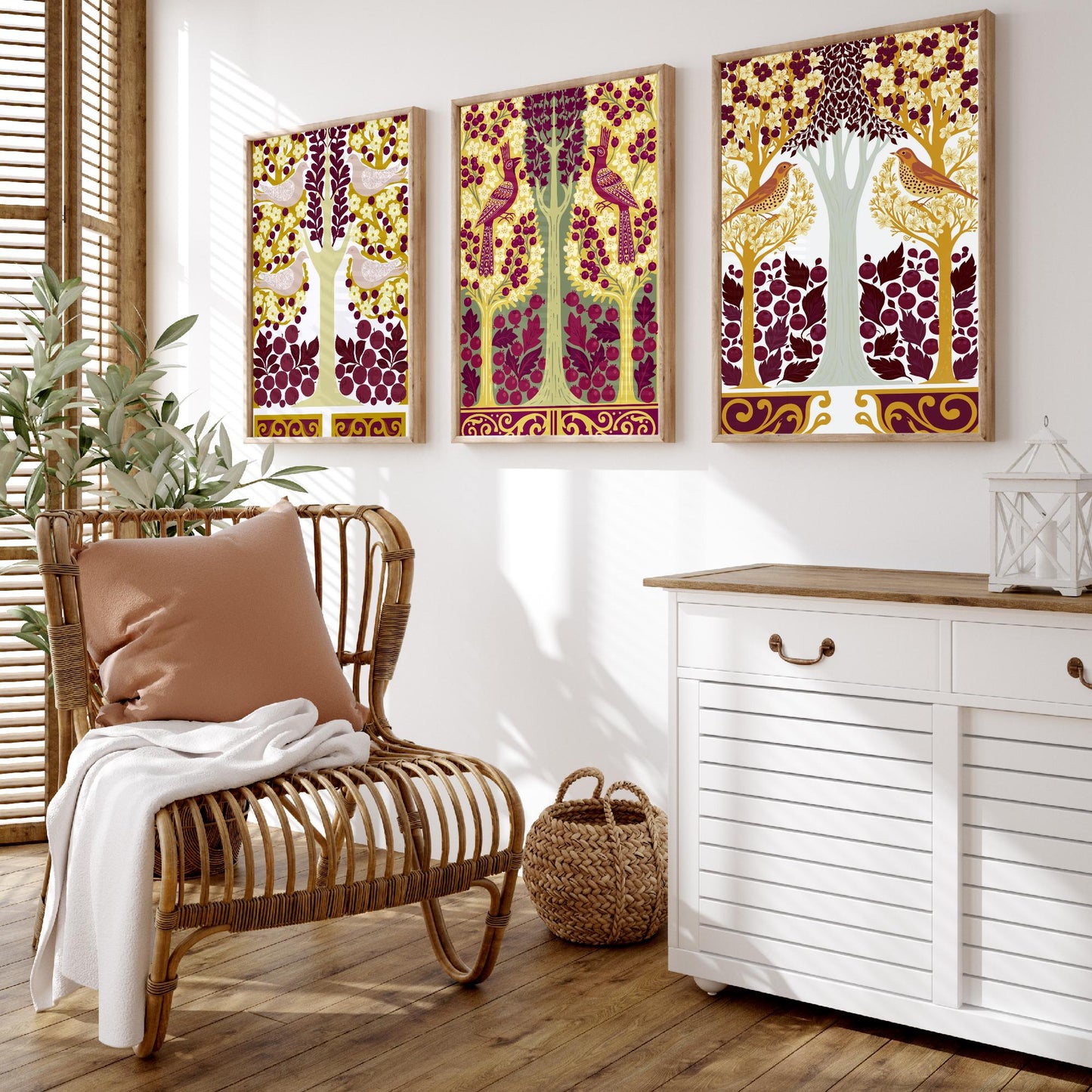 Scottish Book of the Woodlands Art Prints - Set of Three Mustard & Plum Forest Posters - Pheasant and Dove Paintings V15