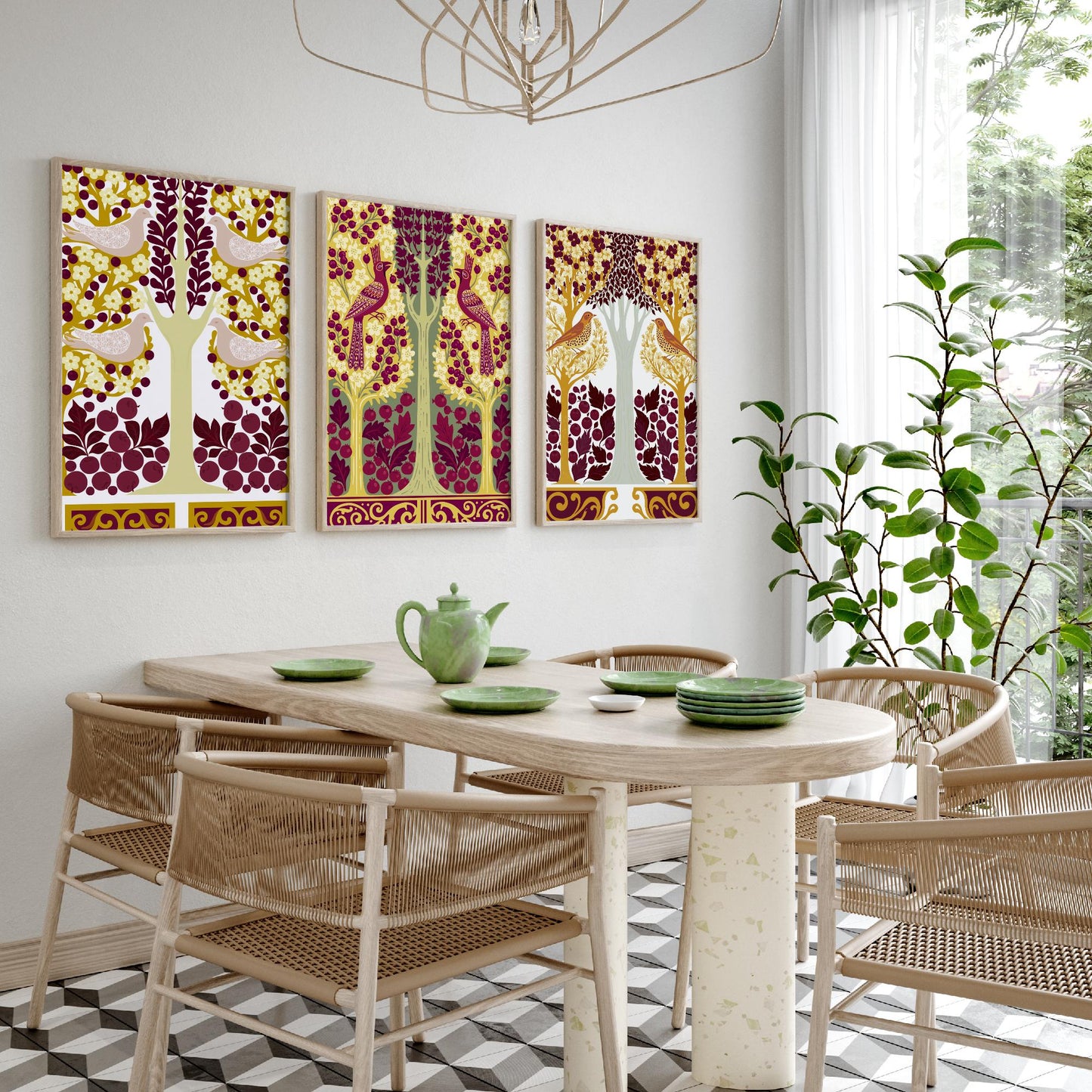 Scottish Book of the Woodlands Art Prints - Set of Three Mustard & Plum Forest Posters - Pheasant and Dove Paintings V15