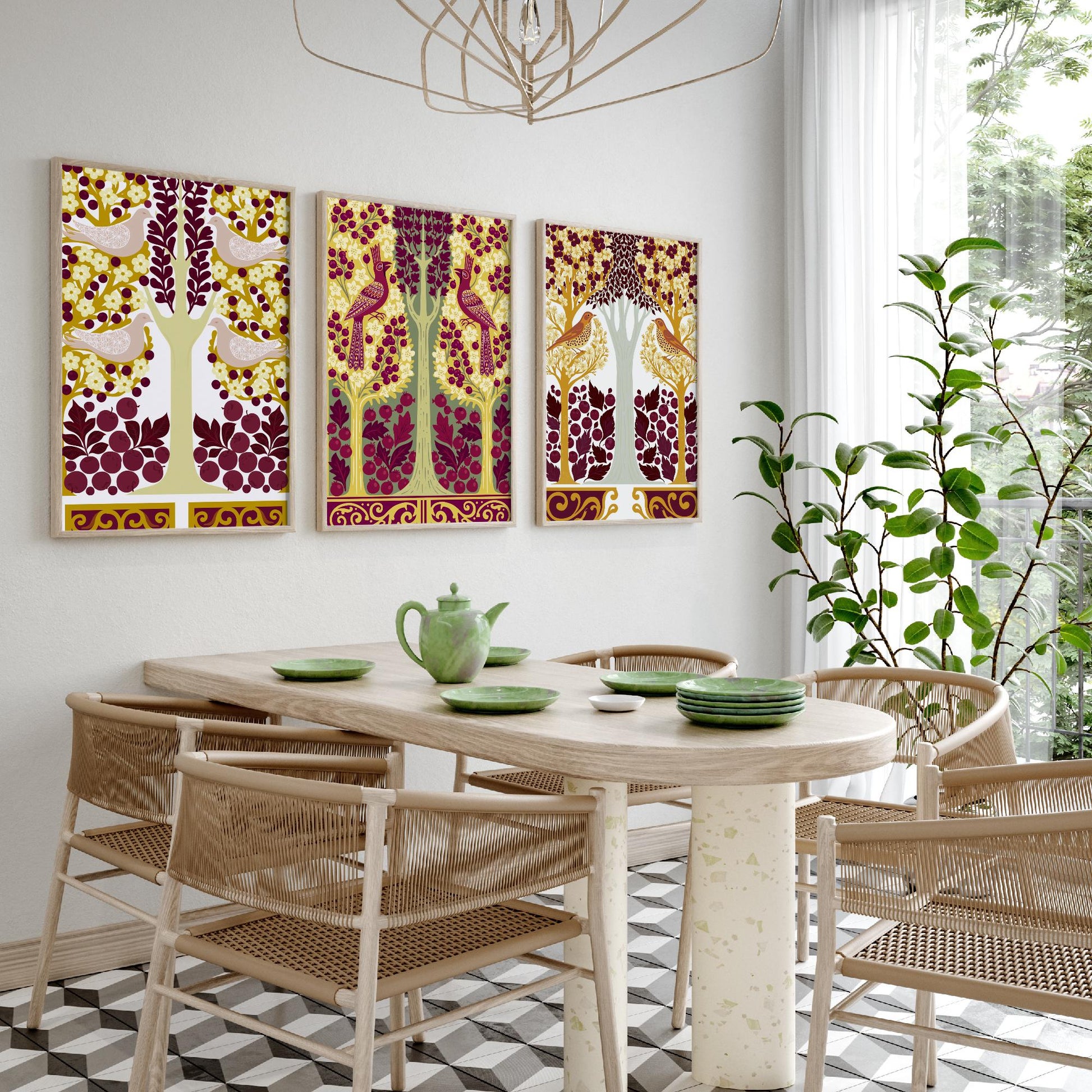 Scottish Book of the Woodlands Art Prints - Set of Three Mustard & Plum Forest Posters - Pheasant and Dove Paintings V15