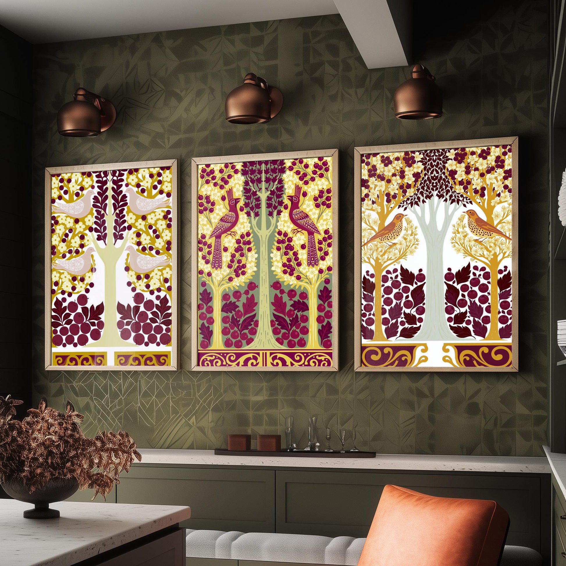 Scottish Book of the Woodlands Art Prints - Set of Three Mustard & Plum Forest Posters - Pheasant and Dove Paintings V15