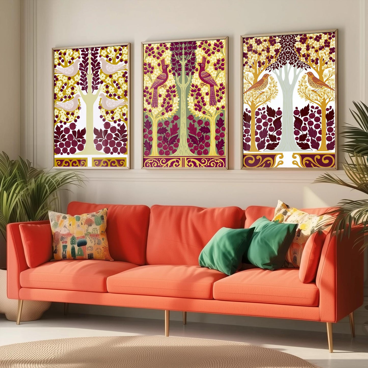 Scottish Book of the Woodlands Art Prints - Set of Three Mustard & Plum Forest Posters - Pheasant and Dove Paintings V15