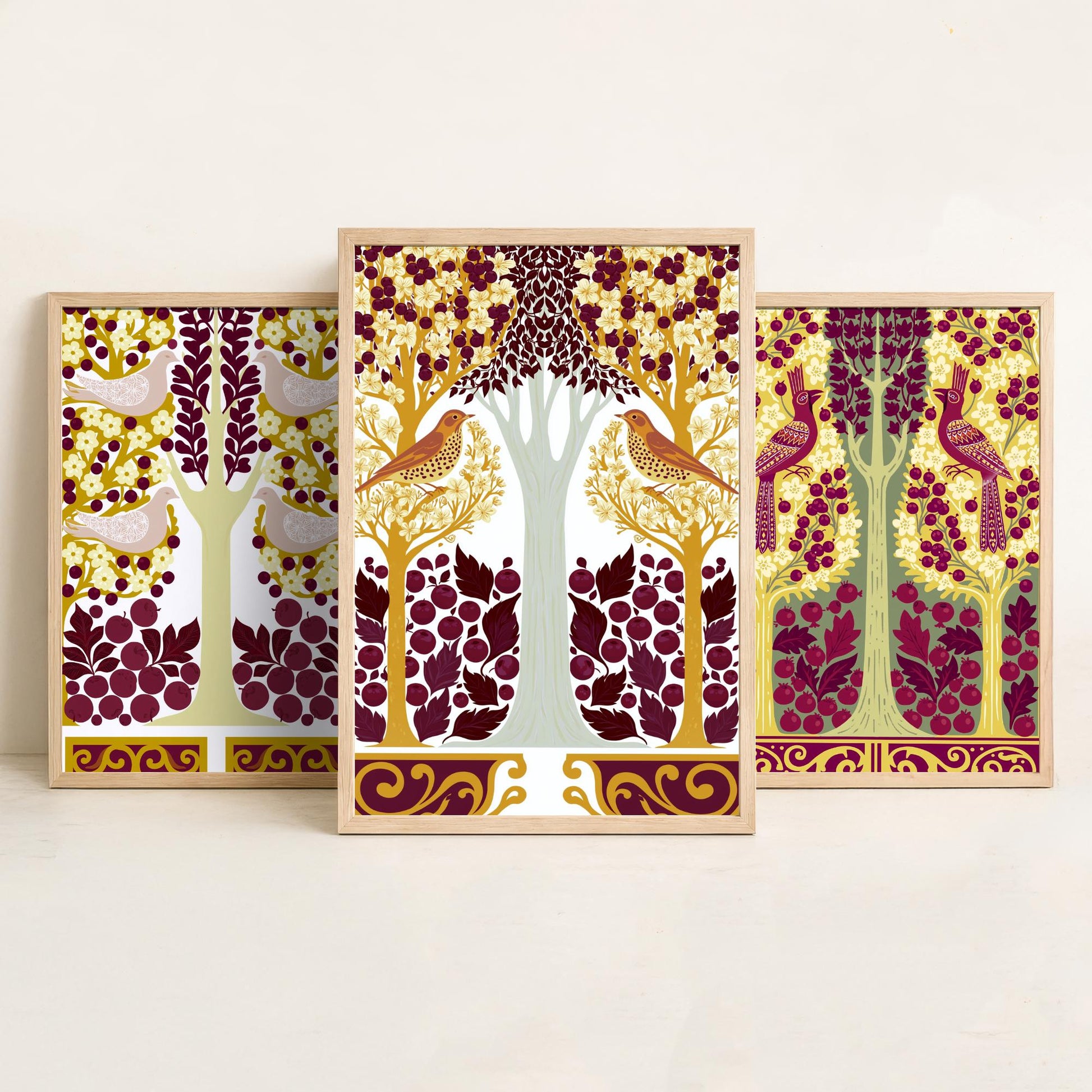 Scottish Book of the Woodlands Art Prints - Set of Three Mustard & Plum Forest Posters - Pheasant and Dove Paintings V15