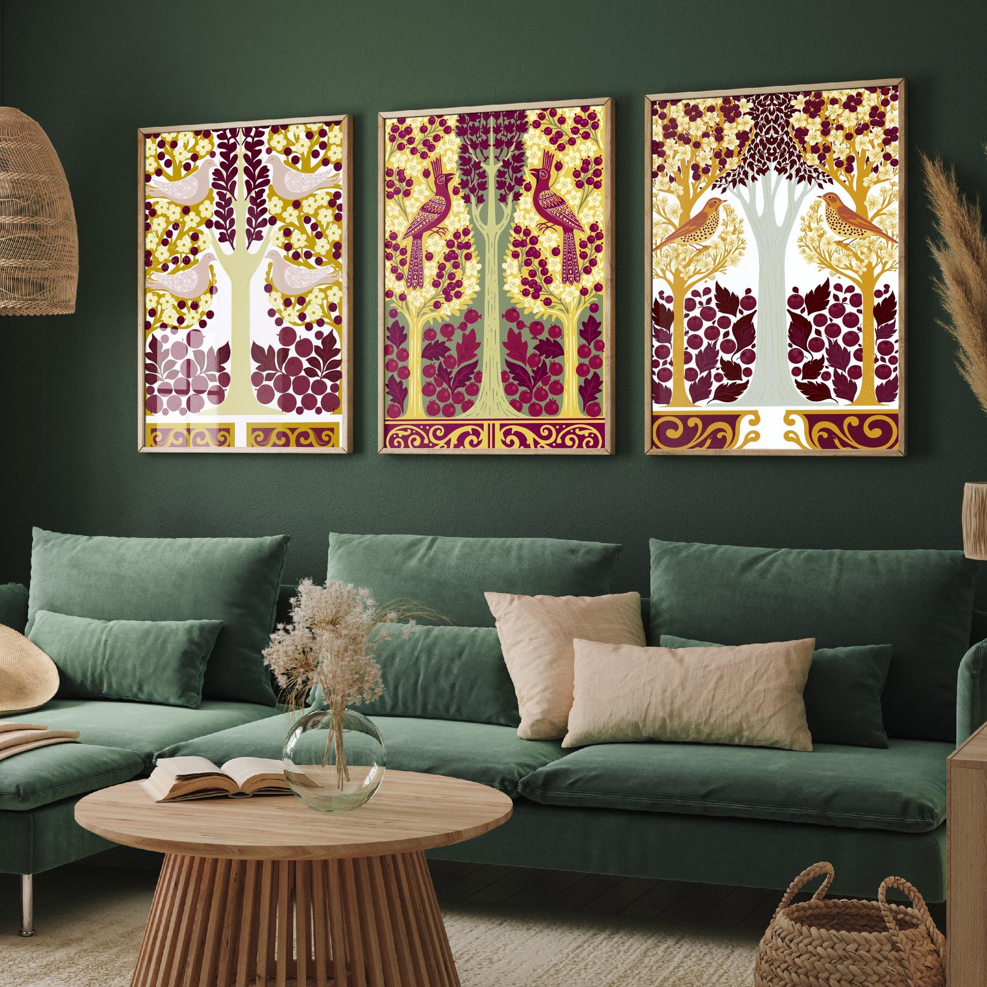 Scottish Book of the Woodlands Art Prints - Set of Three Mustard & Plum Forest Posters - Pheasant and Dove Paintings V15