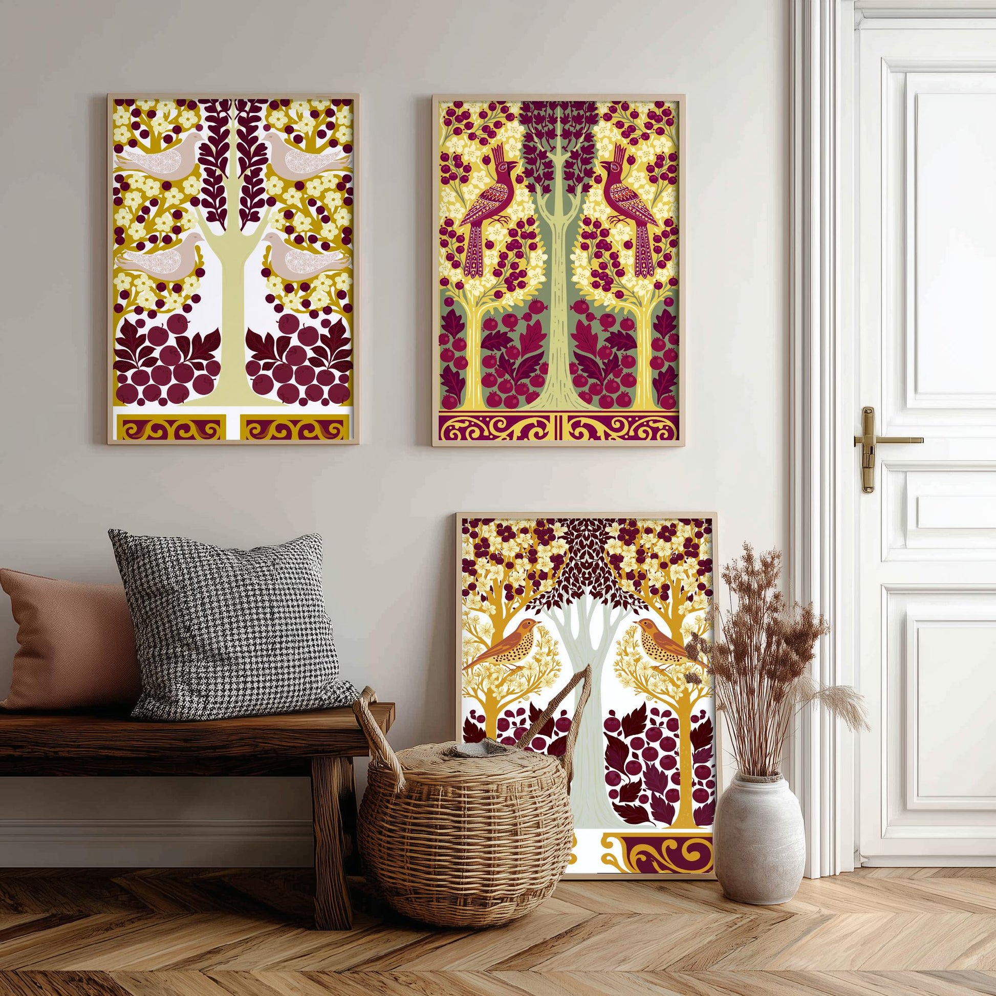 Scottish Book of the Woodlands Art Prints - Set of Three Mustard & Plum Forest Posters - Pheasant and Dove Paintings V15