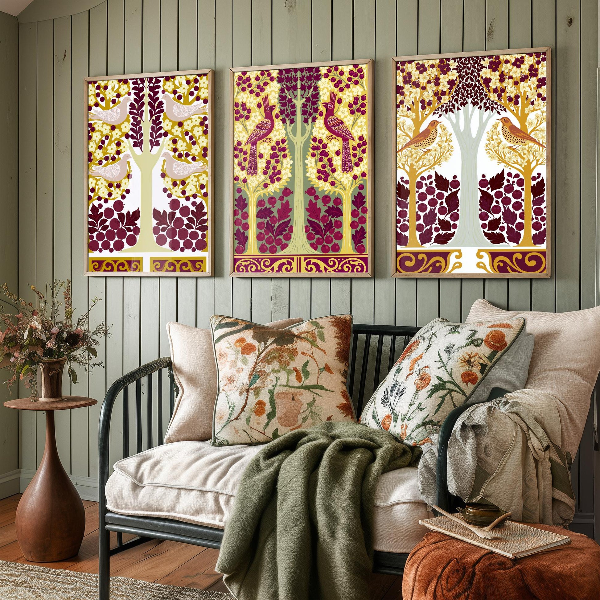 Scottish Book of the Woodlands Art Prints - Set of Three Mustard & Plum Forest Posters - Pheasant and Dove Paintings V15