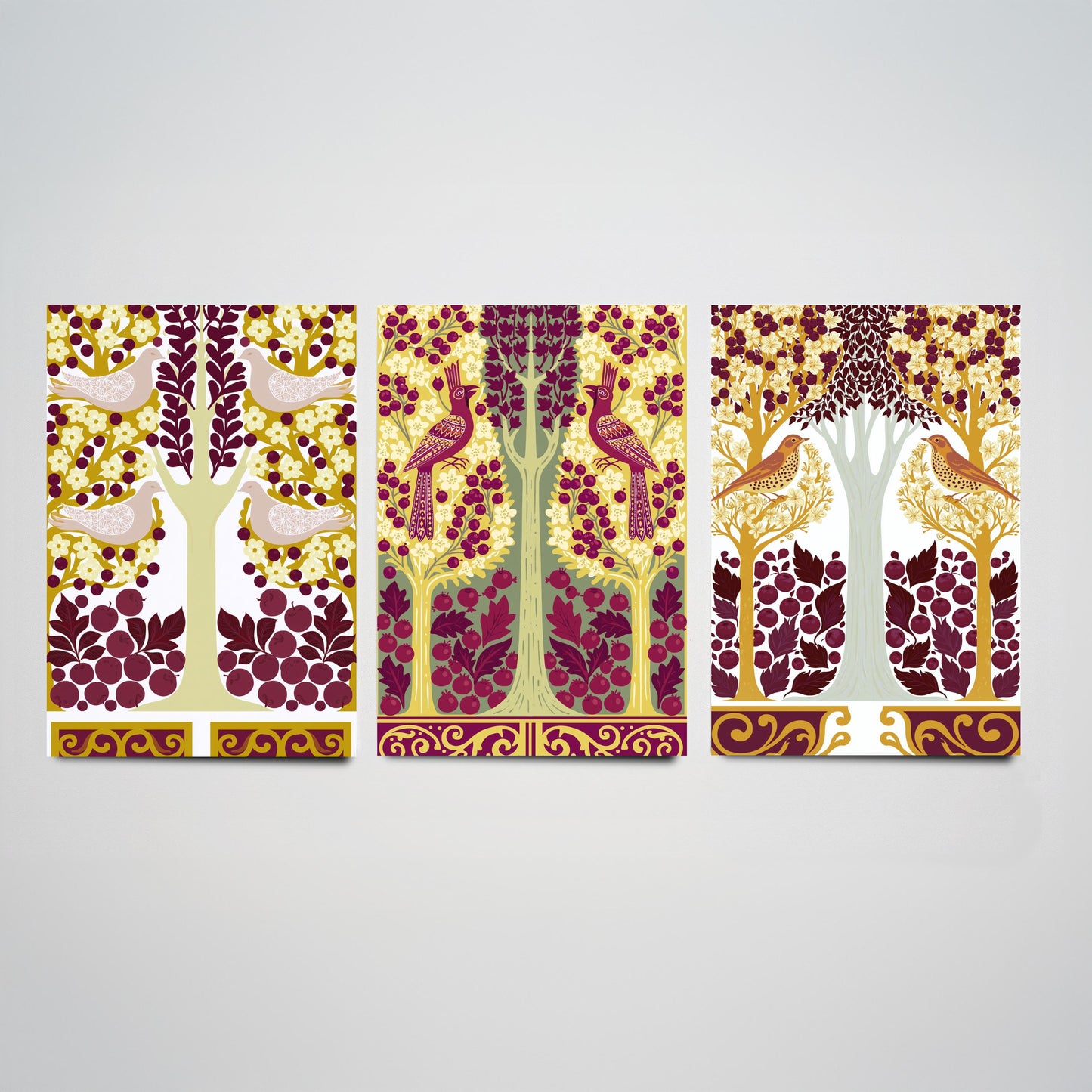 Scottish Book of the Woodlands Art Prints - Set of Three Mustard & Plum Forest Posters - Pheasant and Dove Paintings V15