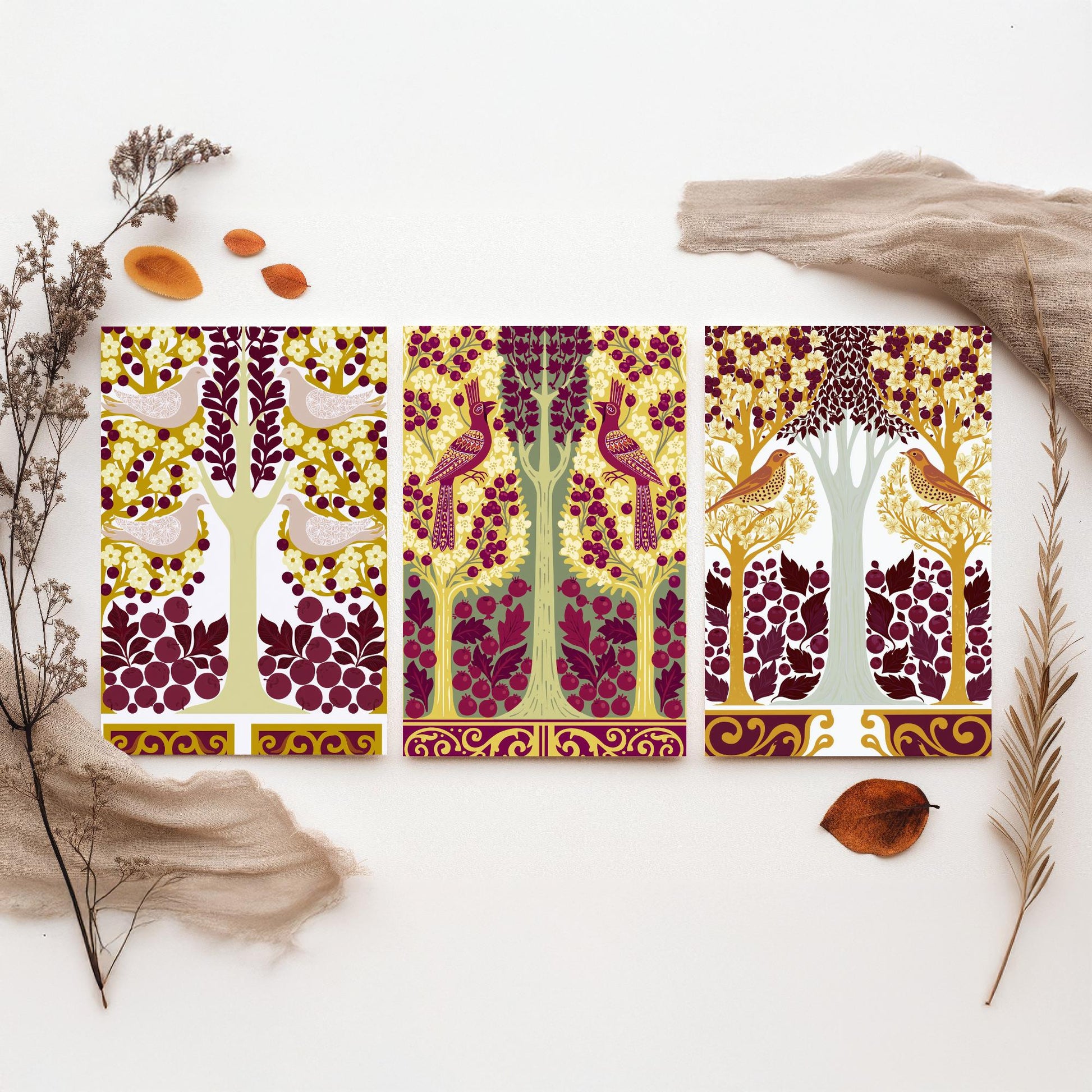 Scottish Book of the Woodlands Art Prints - Set of Three Mustard & Plum Forest Posters - Pheasant and Dove Paintings V15