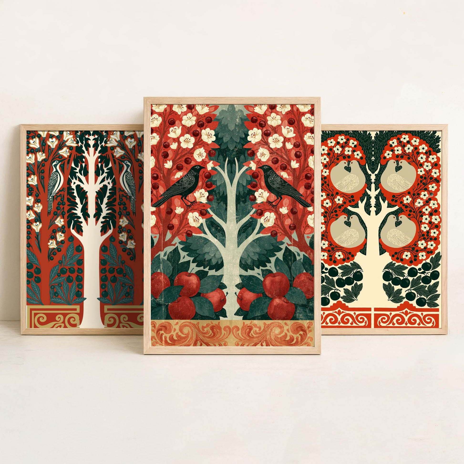 Scottish Book of the Woodlands Art Prints - Set of Three Red & Green Forest Posters - Woodpecker and Robin Paintings V16