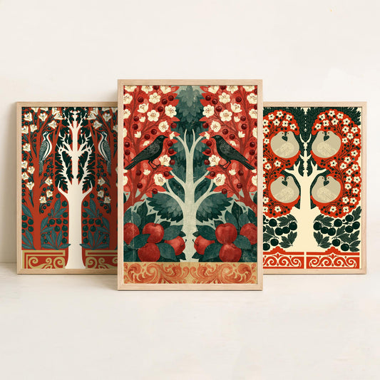 Scottish Book of the Woodlands Art Prints - Set of Three Red & Green Forest Posters - Woodpecker and Robin Paintings V16