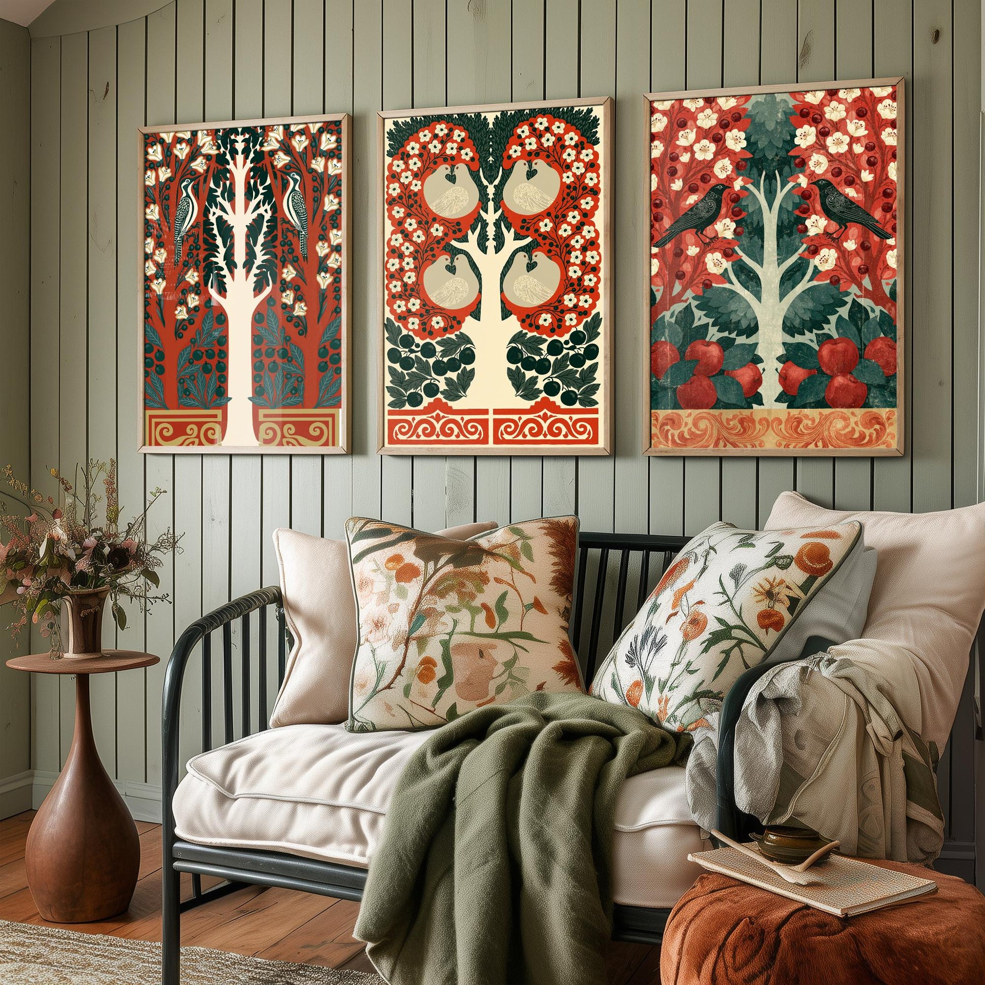 Scottish Book of the Woodlands Art Prints - Set of Three Red & Green Forest Posters - Woodpecker and Robin Paintings V16
