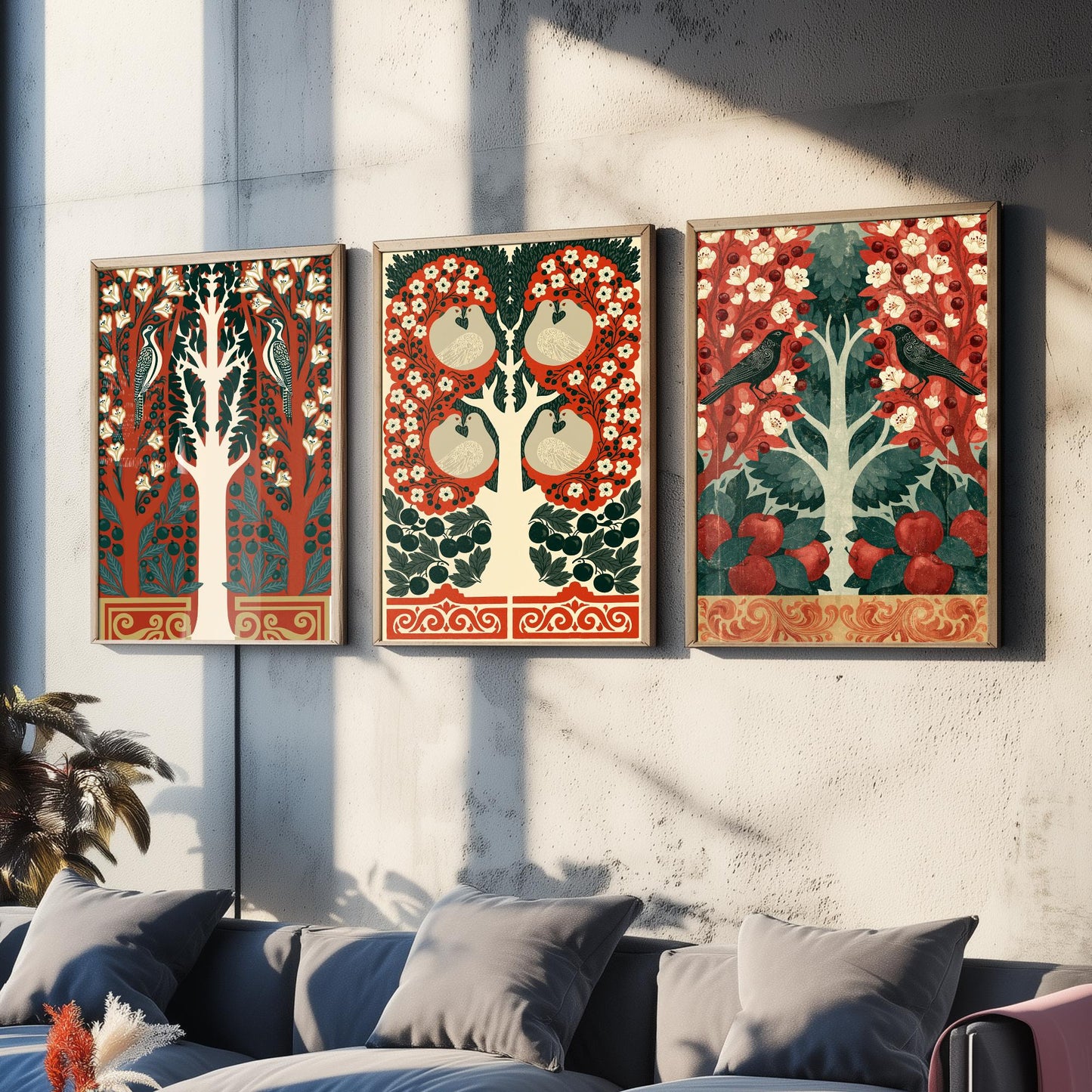 Scottish Book of the Woodlands Art Prints - Set of Three Red & Green Forest Posters - Woodpecker and Robin Paintings V16