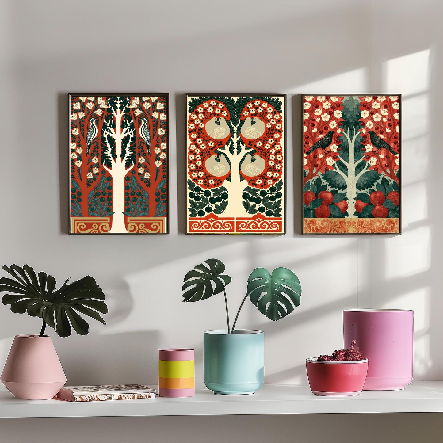 Scottish Book of the Woodlands Art Prints - Set of Three Red & Green Forest Posters - Woodpecker and Robin Paintings V16