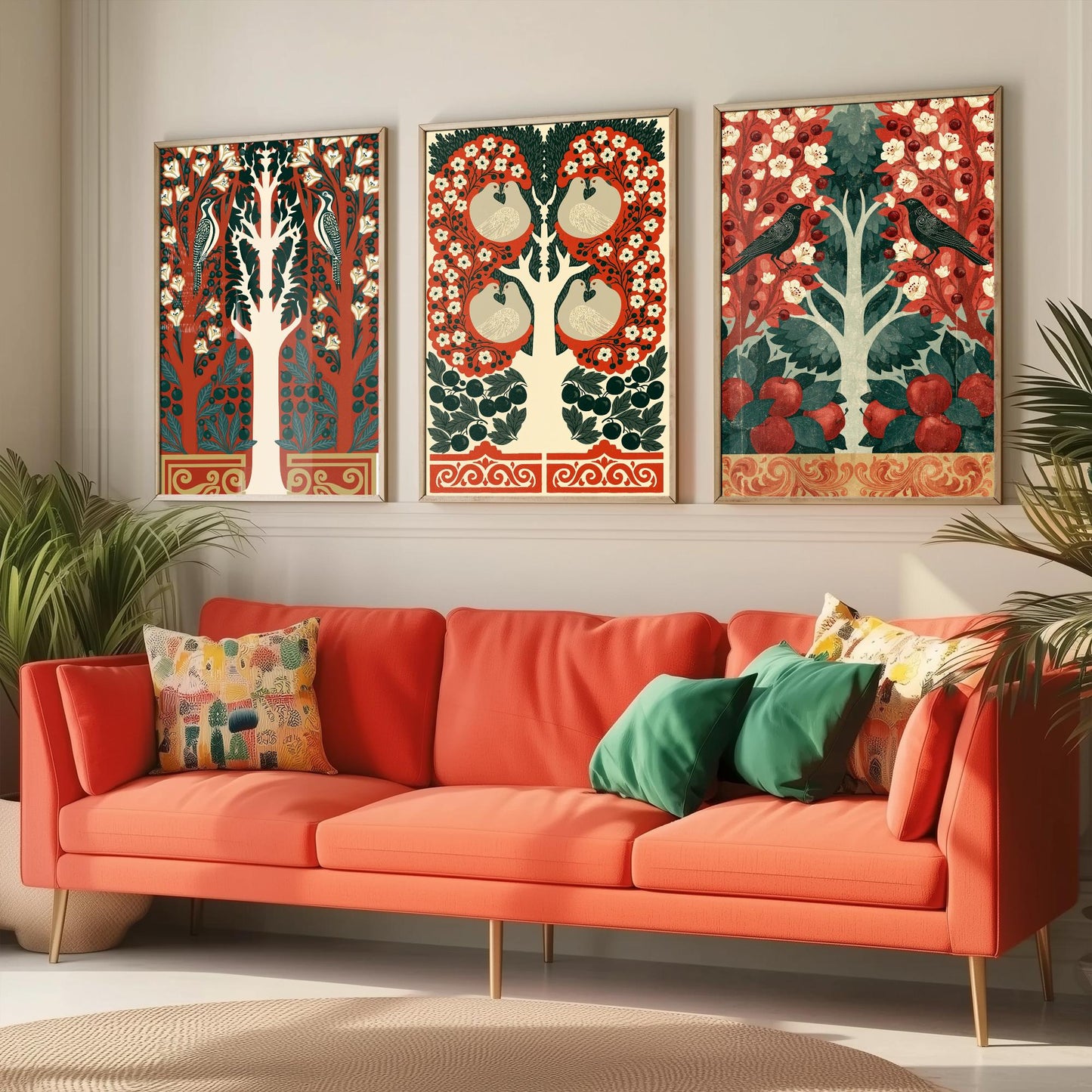 Scottish Book of the Woodlands Art Prints - Set of Three Red & Green Forest Posters - Woodpecker and Robin Paintings V16