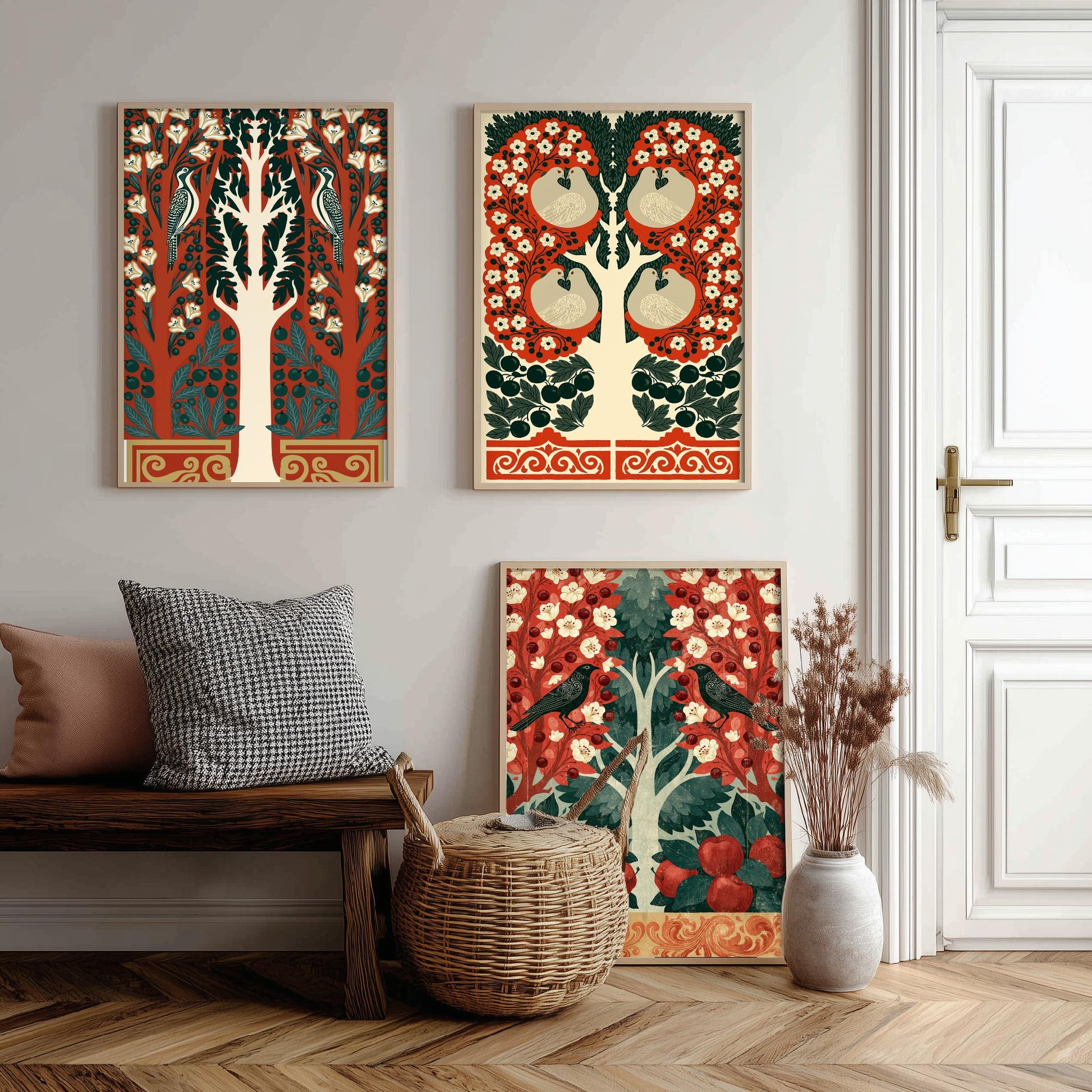 Scottish Book of the Woodlands Art Prints - Set of Three Red & Green Forest Posters - Woodpecker and Robin Paintings V16
