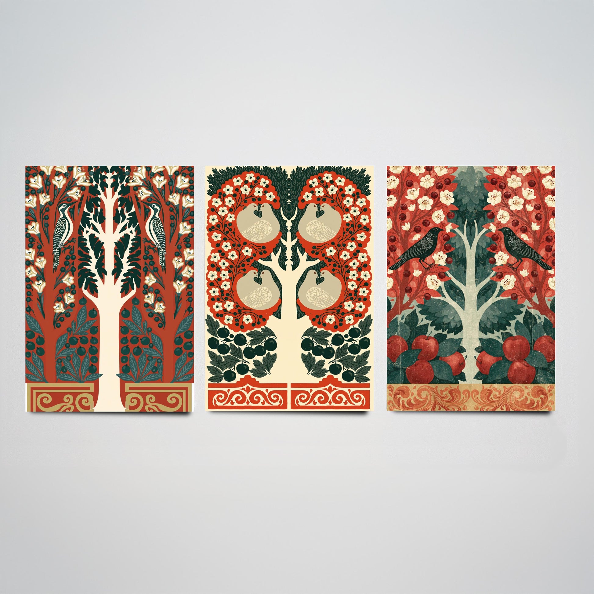 Scottish Book of the Woodlands Art Prints - Set of Three Red & Green Forest Posters - Woodpecker and Robin Paintings V16