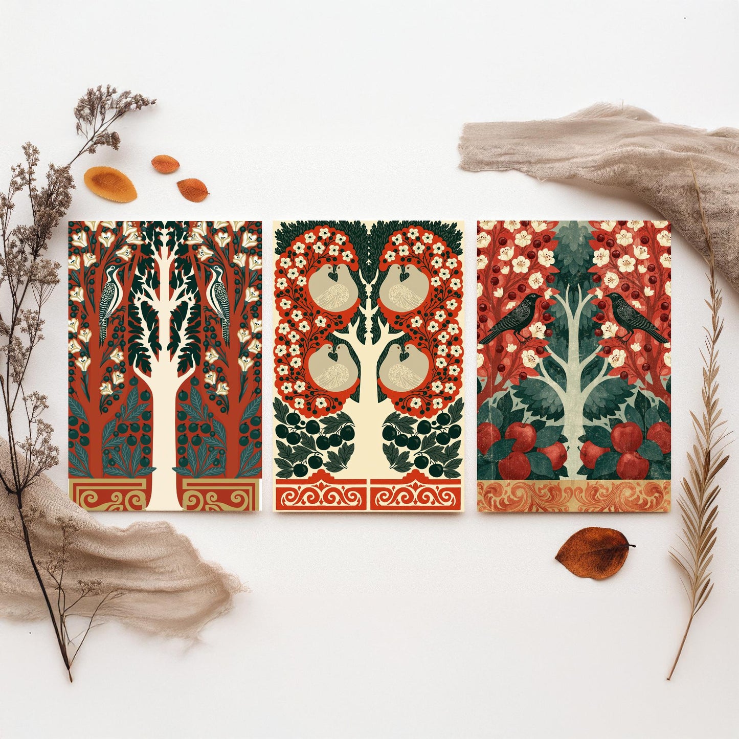 Scottish Book of the Woodlands Art Prints - Set of Three Red & Green Forest Posters - Woodpecker and Robin Paintings V16