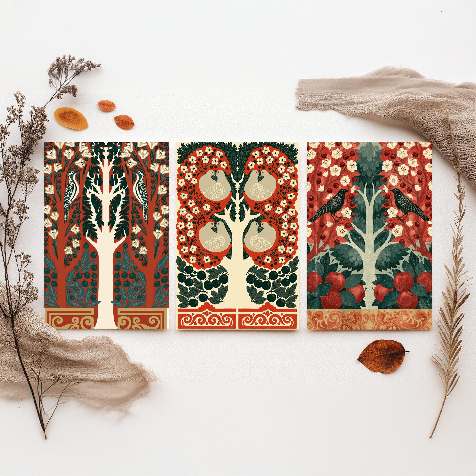 Scottish Book of the Woodlands Art Prints - Set of Three Red & Green Forest Posters - Woodpecker and Robin Paintings V16