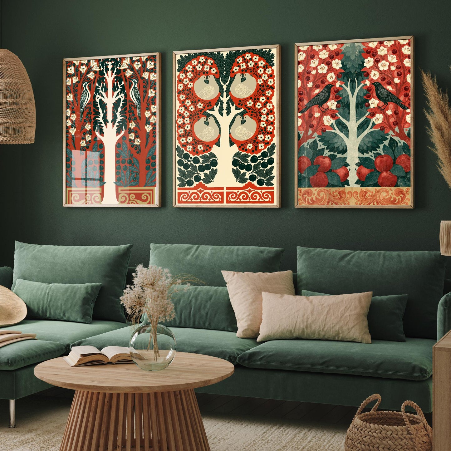 Scottish Book of the Woodlands Art Prints - Set of Three Red & Green Forest Posters - Woodpecker and Robin Paintings V16