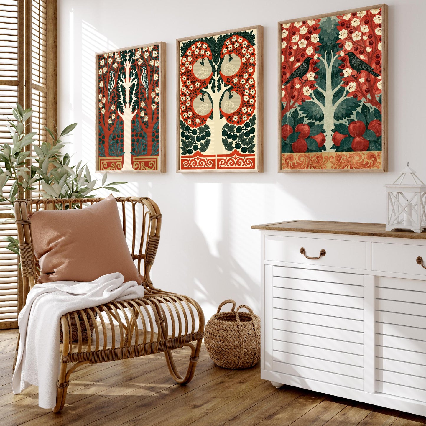 Scottish Book of the Woodlands Art Prints - Set of Three Red & Green Forest Posters - Woodpecker and Robin Paintings V16