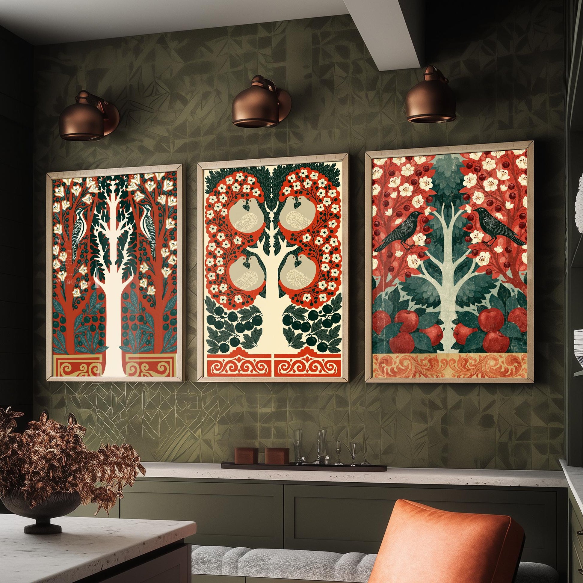 Scottish Book of the Woodlands Art Prints - Set of Three Red & Green Forest Posters - Woodpecker and Robin Paintings V16