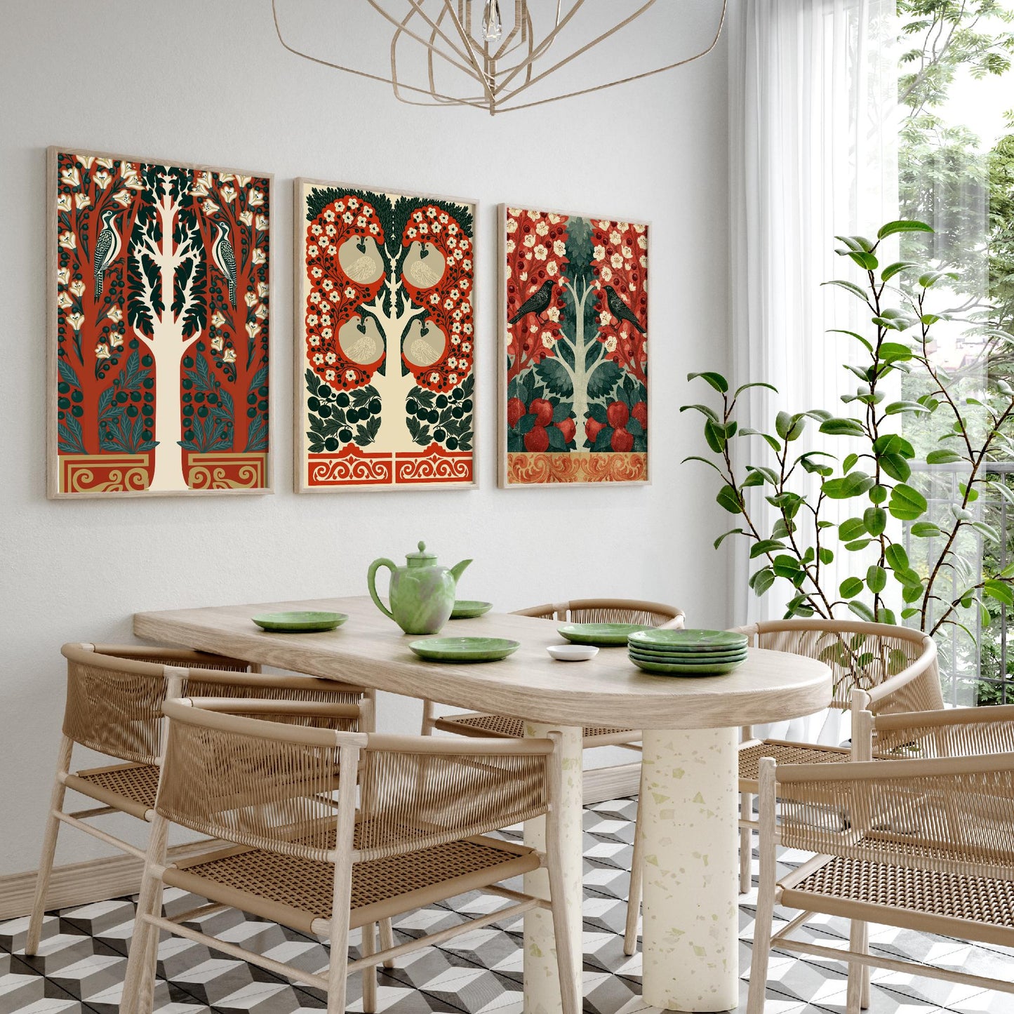Scottish Book of the Woodlands Art Prints - Set of Three Red & Green Forest Posters - Woodpecker and Robin Paintings V16