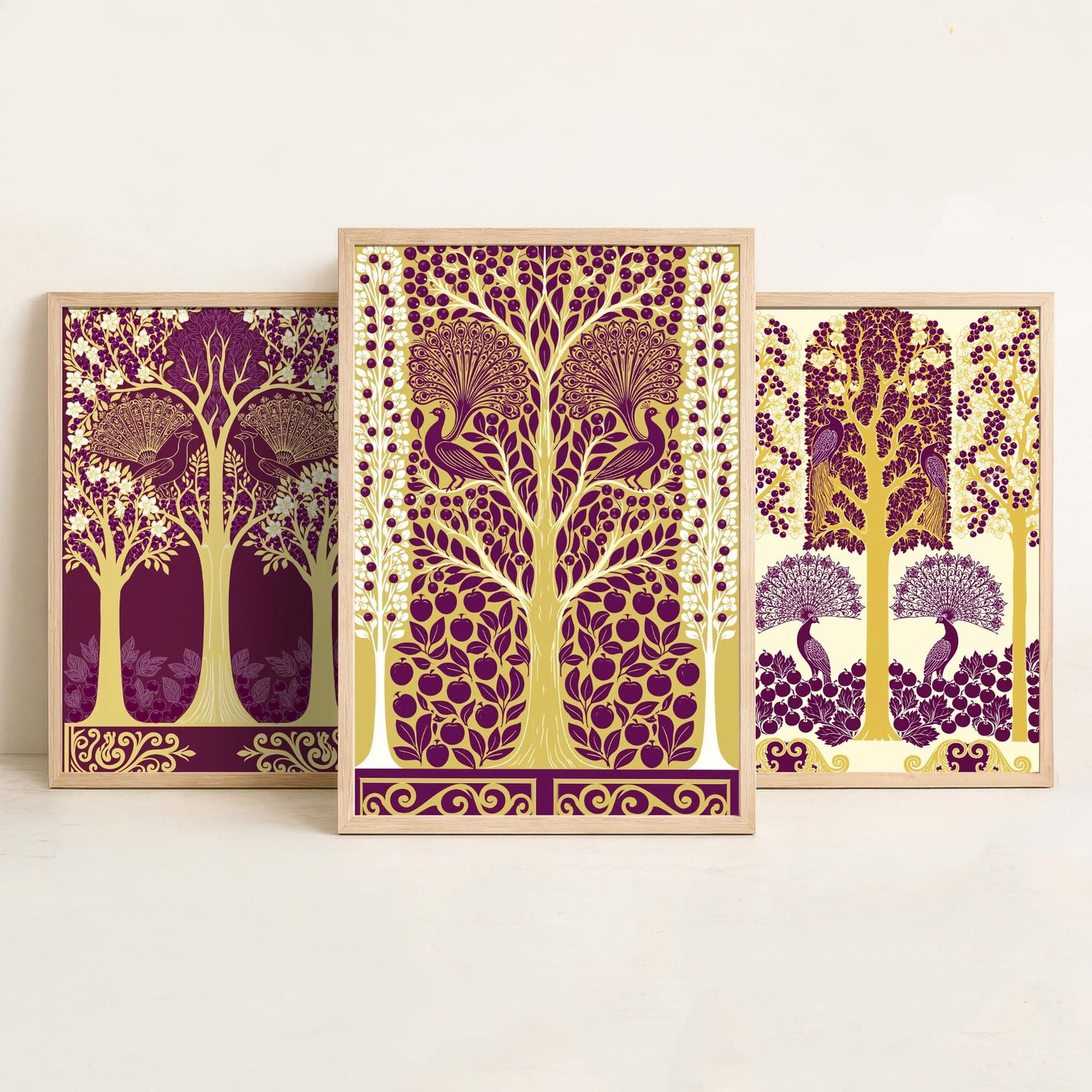 Scottish Book of the Woodlands Art Prints - Set of Three Plum & Gold Forest Posters - Peacock Paintings V5
