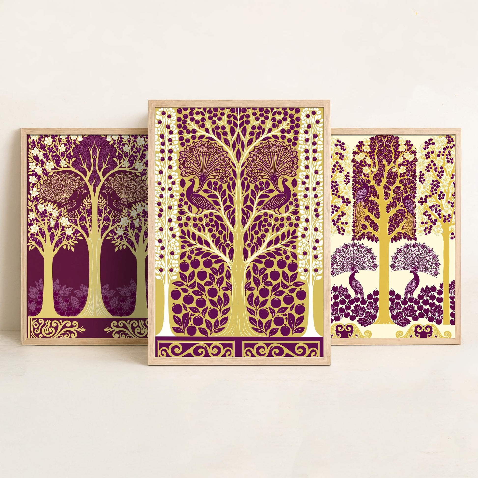 Scottish Book of the Woodlands Art Prints - Set of Three Plum & Gold Forest Posters - Peacock Paintings V5