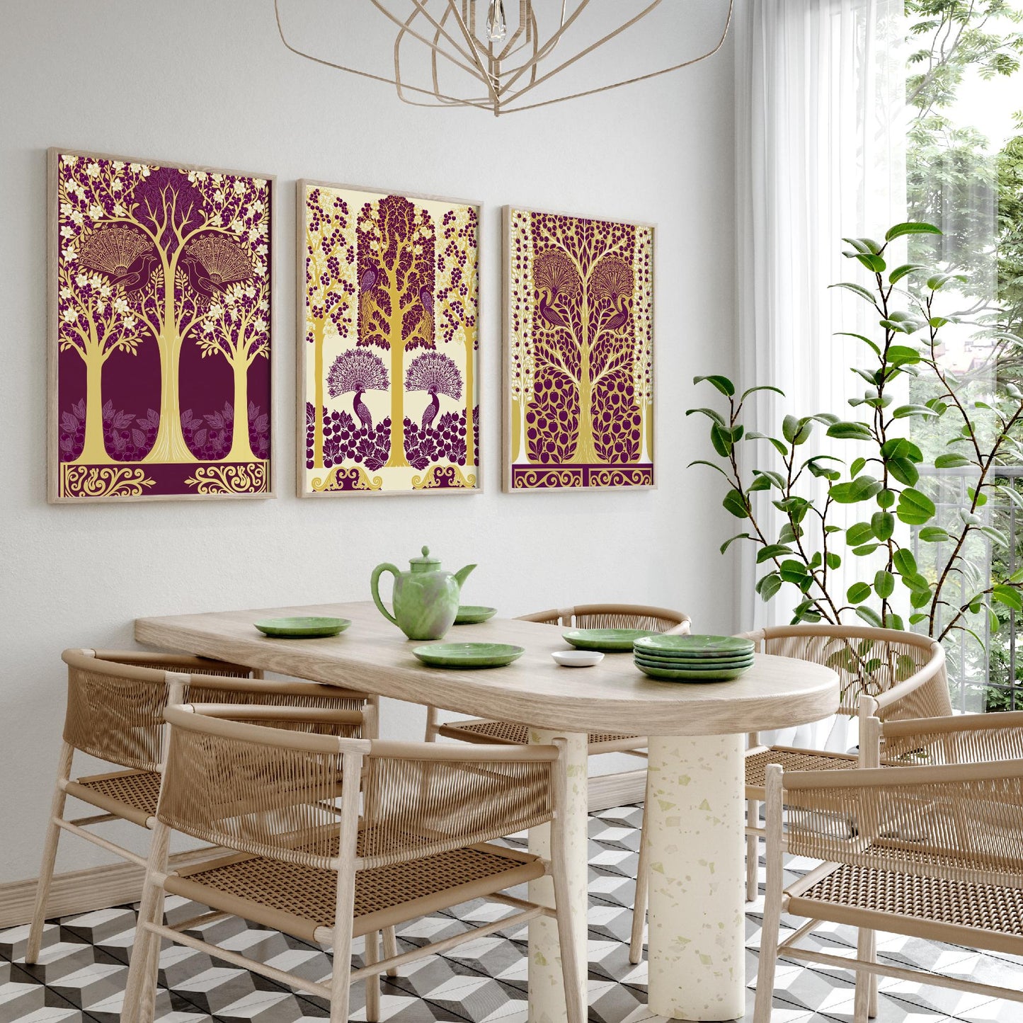 Scottish Book of the Woodlands Art Prints - Set of Three Plum & Gold Forest Posters - Peacock Paintings V5