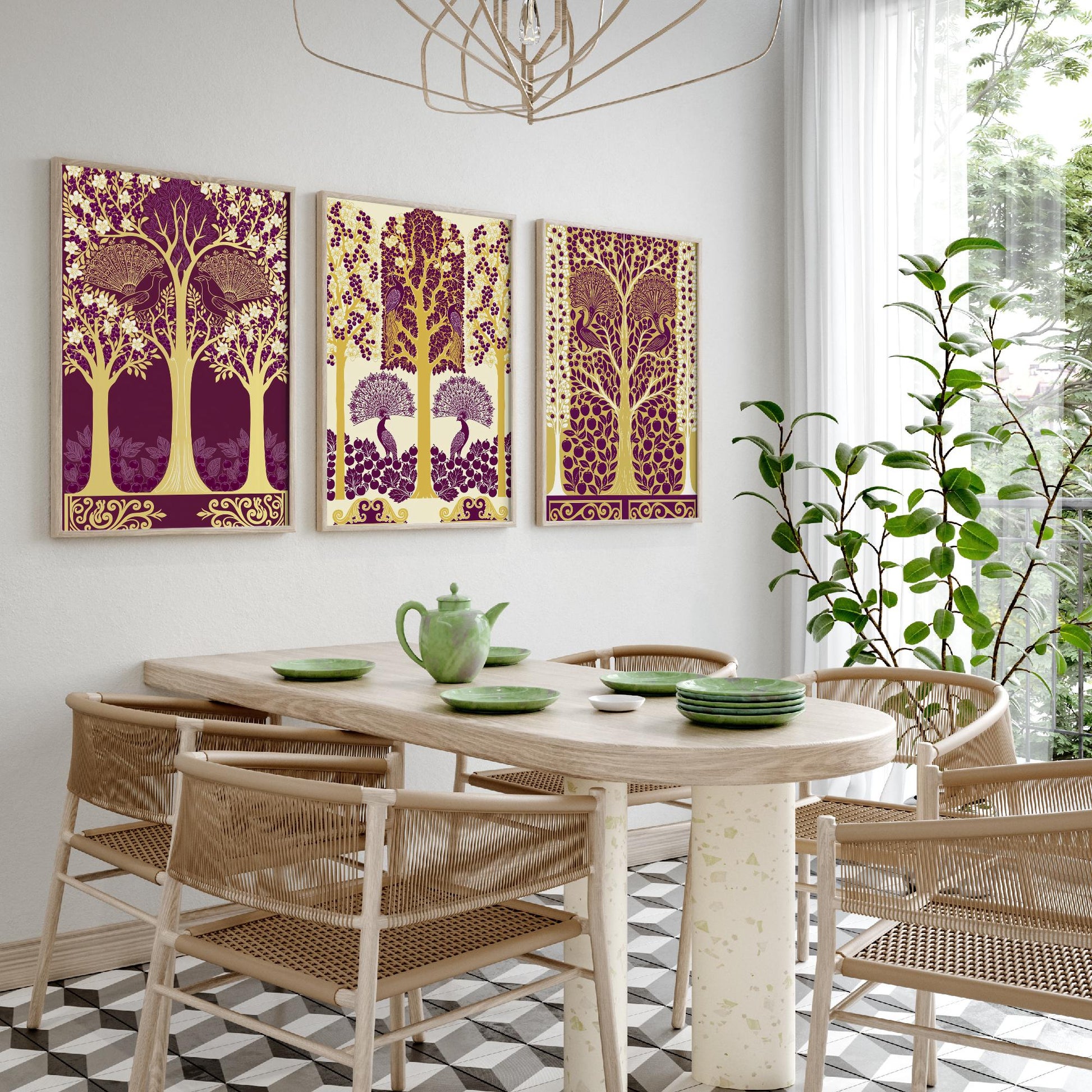 Scottish Book of the Woodlands Art Prints - Set of Three Plum & Gold Forest Posters - Peacock Paintings V5