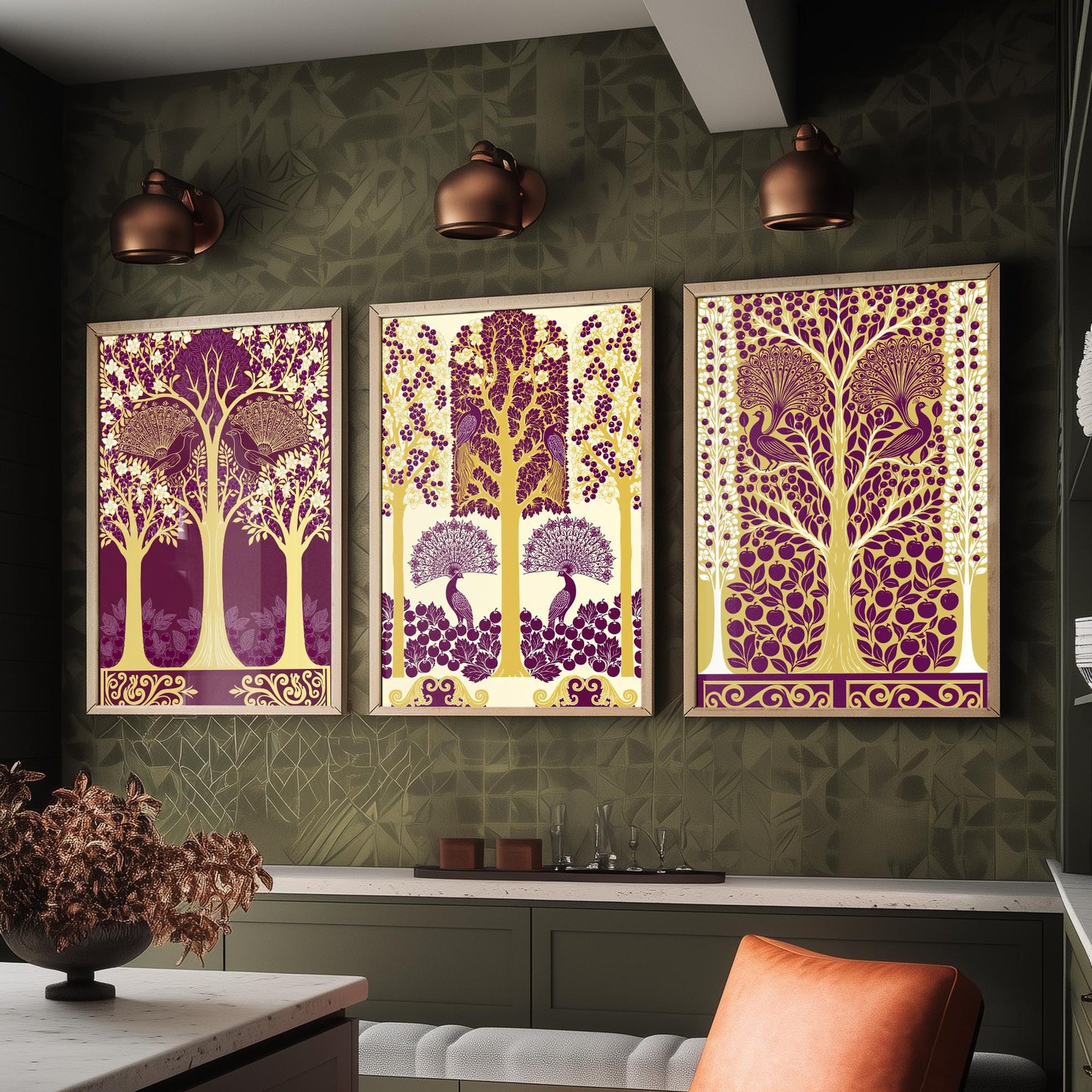 Scottish Book of the Woodlands Art Prints - Set of Three Plum & Gold Forest Posters - Peacock Paintings V5
