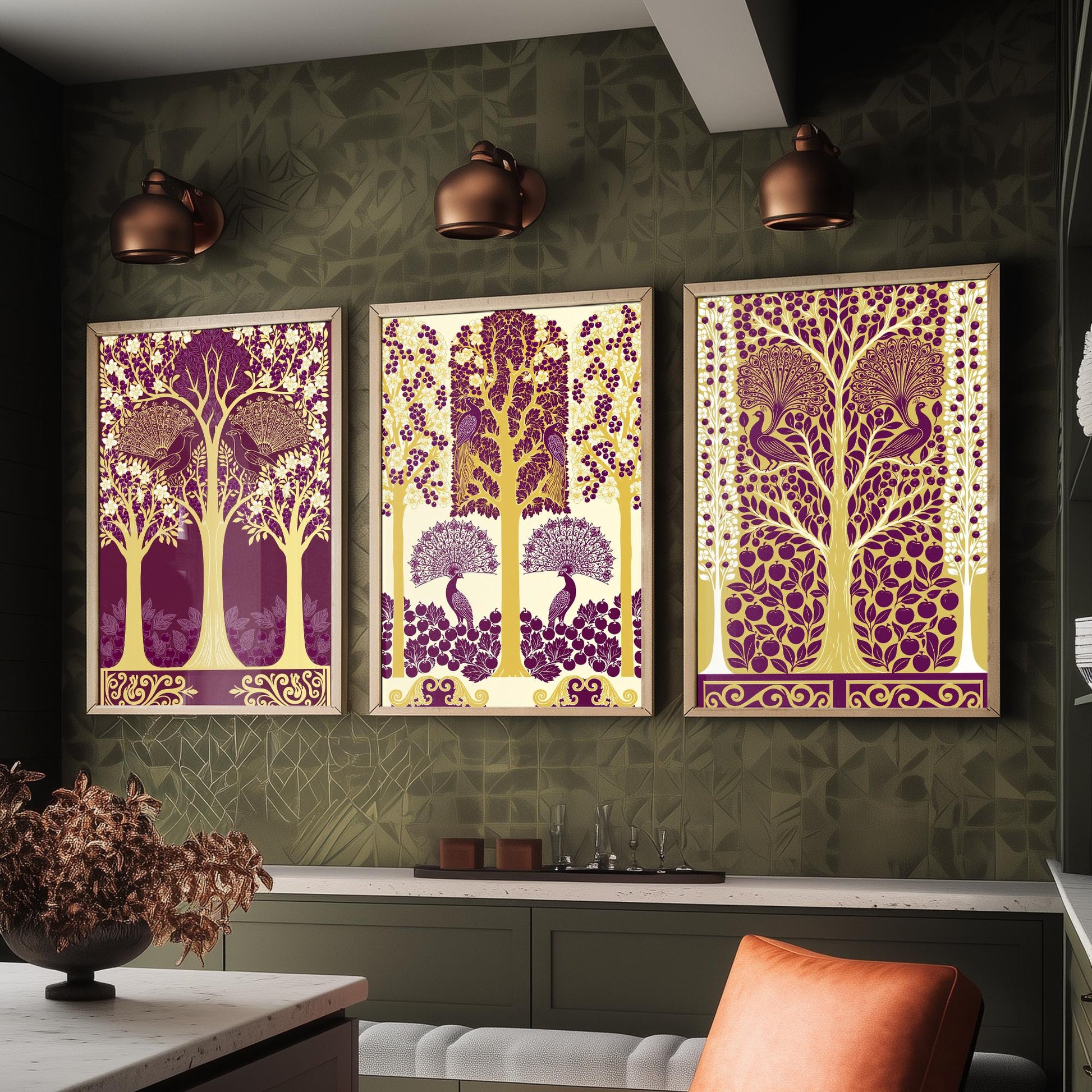 Scottish Book of the Woodlands Art Prints - Set of Three Plum & Gold Forest Posters - Peacock Paintings V5
