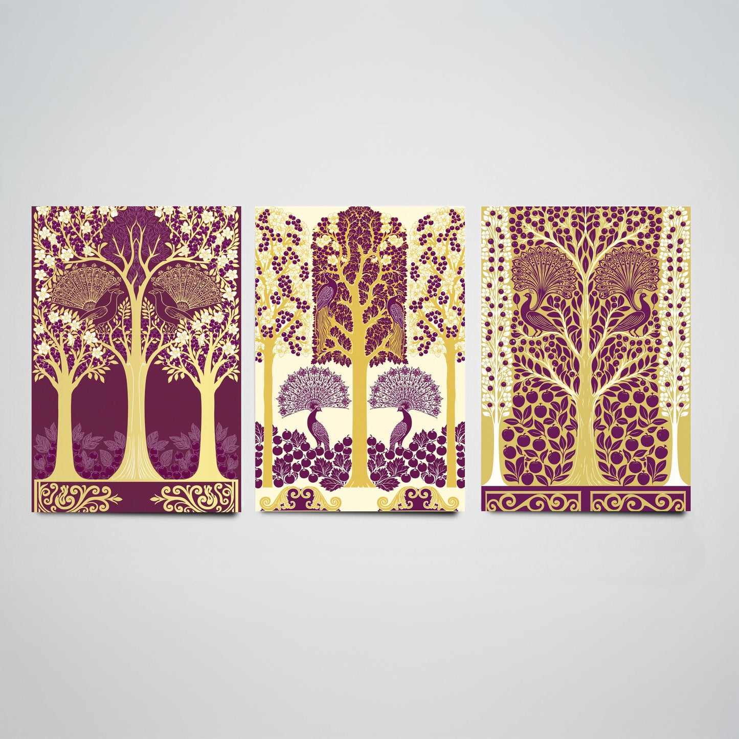 Scottish Book of the Woodlands Art Prints - Set of Three Plum & Gold Forest Posters - Peacock Paintings V5