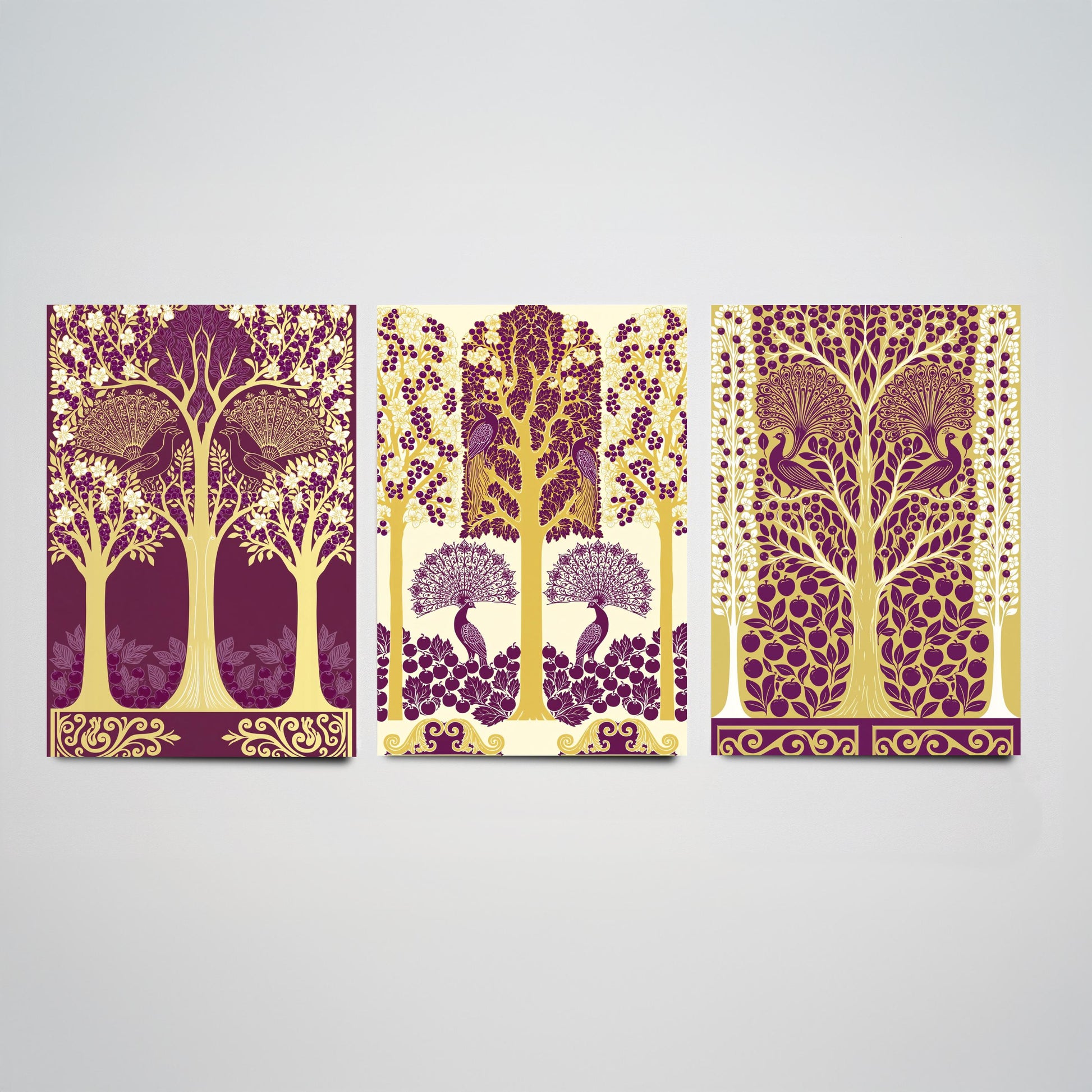 Scottish Book of the Woodlands Art Prints - Set of Three Plum & Gold Forest Posters - Peacock Paintings V5