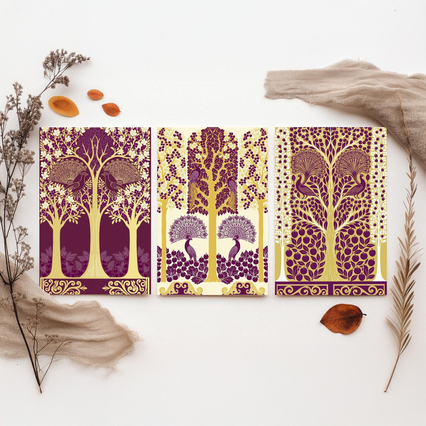 Scottish Book of the Woodlands Art Prints - Set of Three Plum & Gold Forest Posters - Peacock Paintings V5