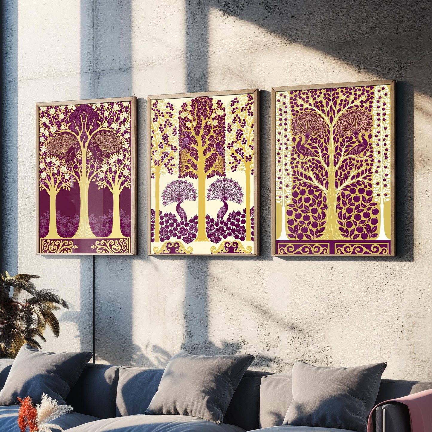 Scottish Book of the Woodlands Art Prints - Set of Three Plum & Gold Forest Posters - Peacock Paintings V5