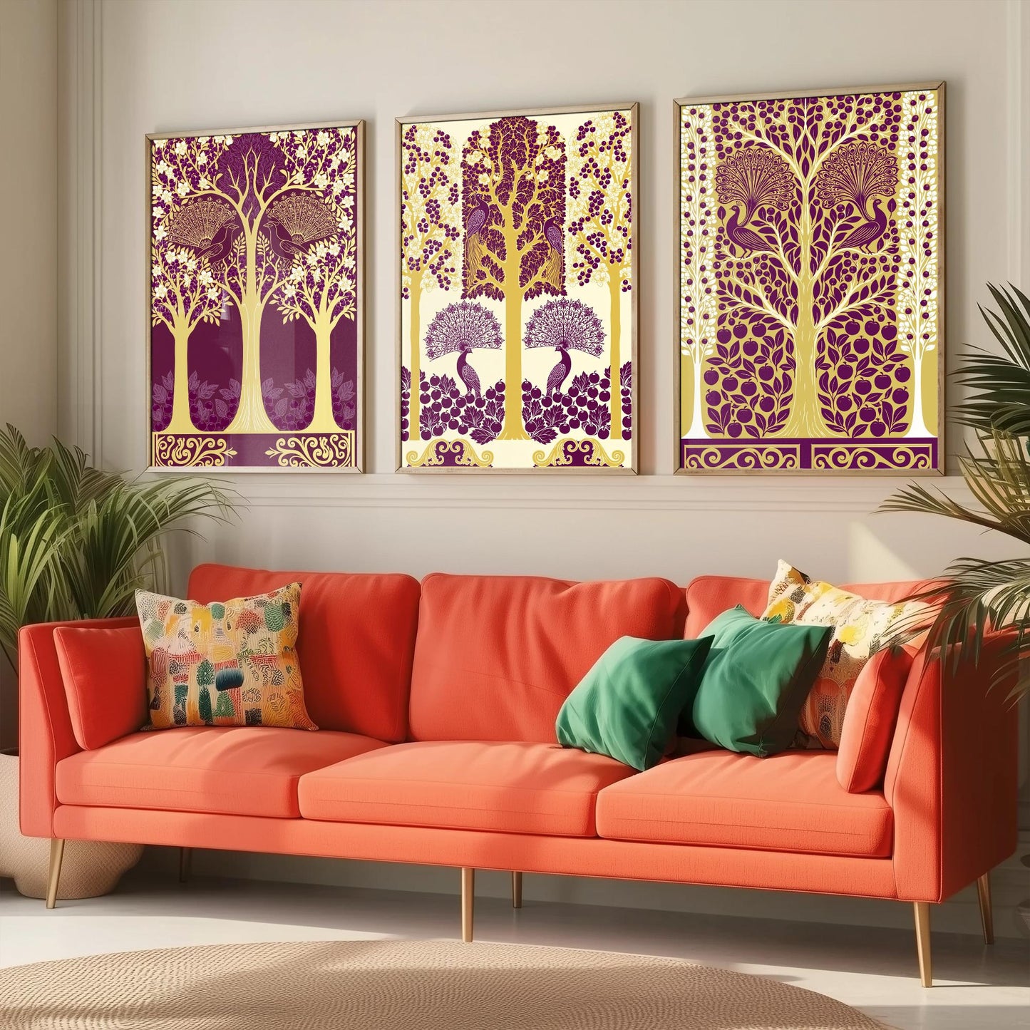 Scottish Book of the Woodlands Art Prints - Set of Three Plum & Gold Forest Posters - Peacock Paintings V5