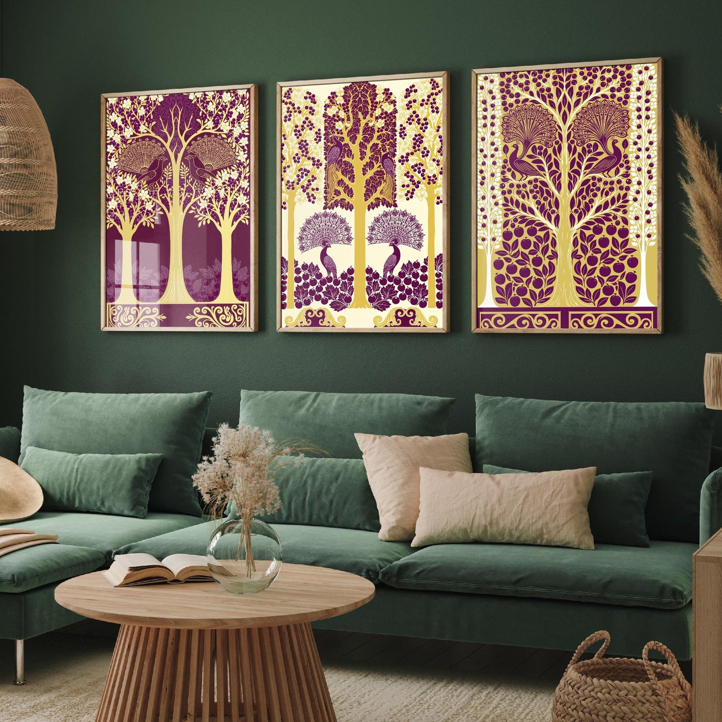 Scottish Book of the Woodlands Art Prints - Set of Three Plum & Gold Forest Posters - Peacock Paintings V5