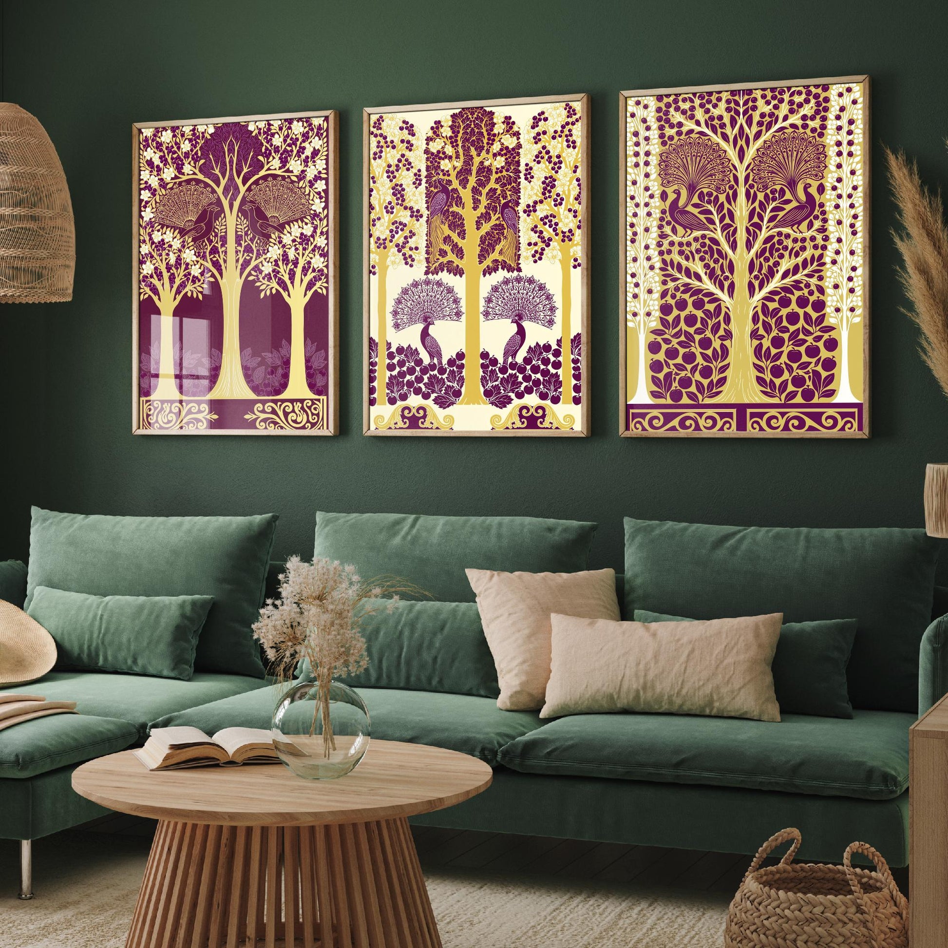 Scottish Book of the Woodlands Art Prints - Set of Three Plum & Gold Forest Posters - Peacock Paintings V5