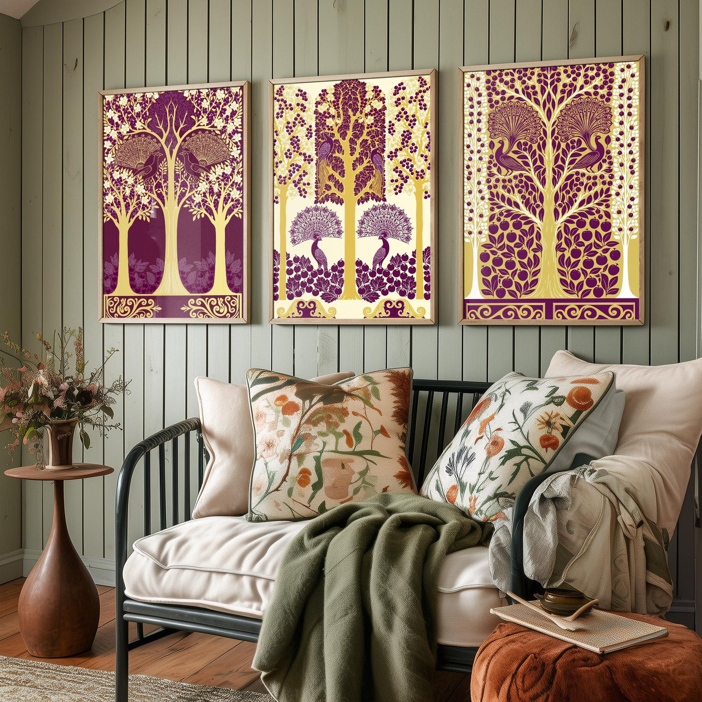 Scottish Book of the Woodlands Art Prints - Set of Three Plum & Gold Forest Posters - Peacock Paintings V5