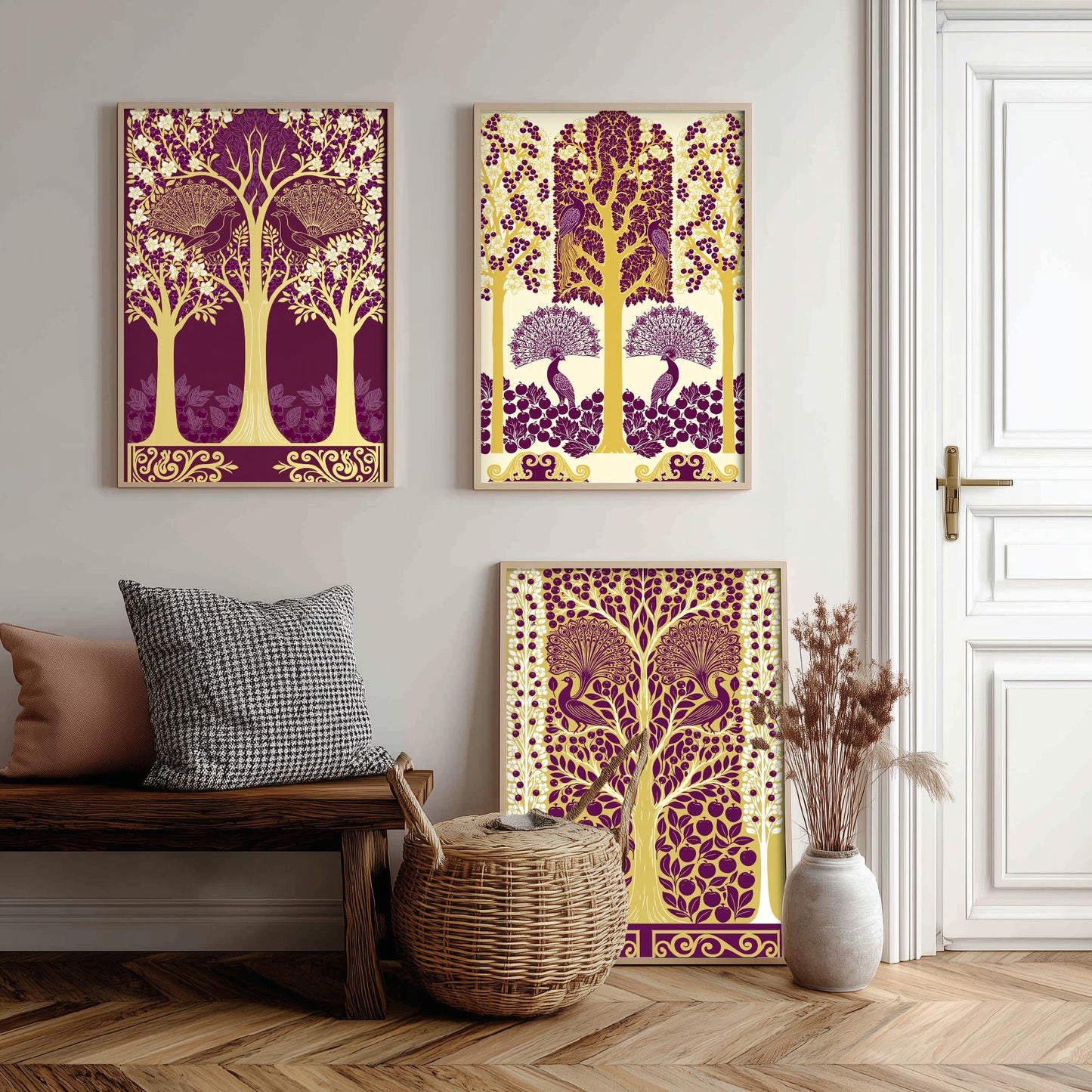 Scottish Book of the Woodlands Art Prints - Set of Three Plum & Gold Forest Posters - Peacock Paintings V5