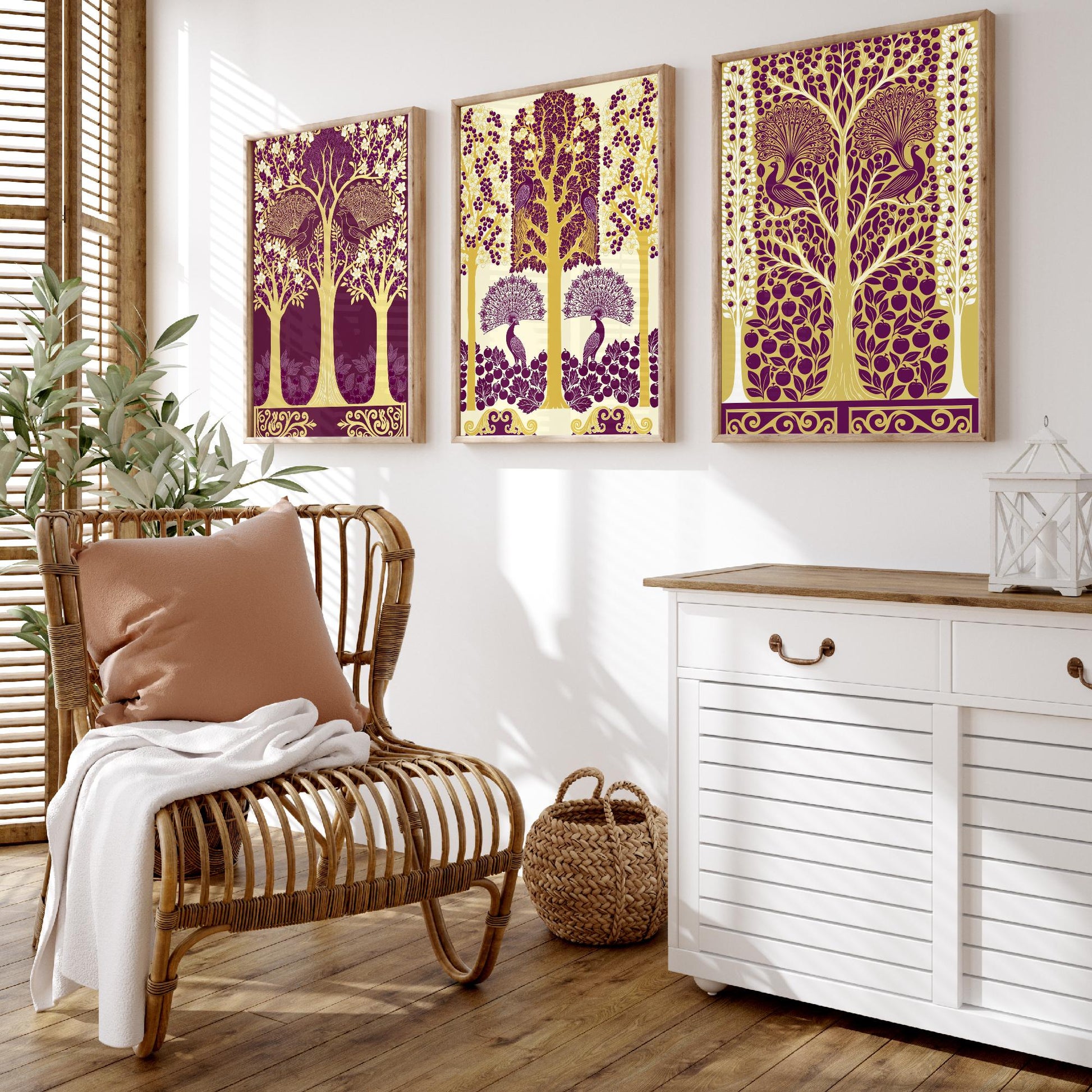 Scottish Book of the Woodlands Art Prints - Set of Three Plum & Gold Forest Posters - Peacock Paintings V5