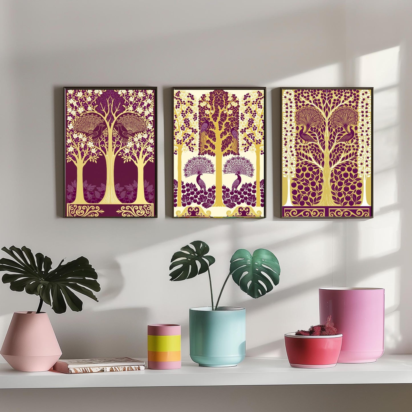 Scottish Book of the Woodlands Art Prints - Set of Three Plum & Gold Forest Posters - Peacock Paintings V5