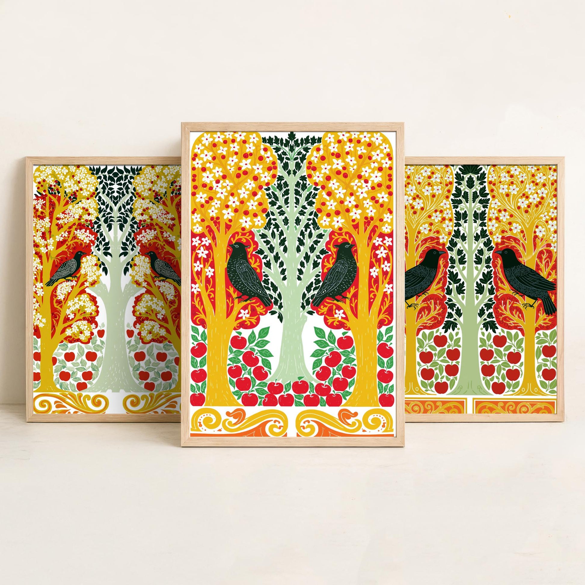 Scottish Book of the Woodlands Art Prints - Set of Three Red & Gold Forest Posters - Blackbird and Apple Tree Paintings V6