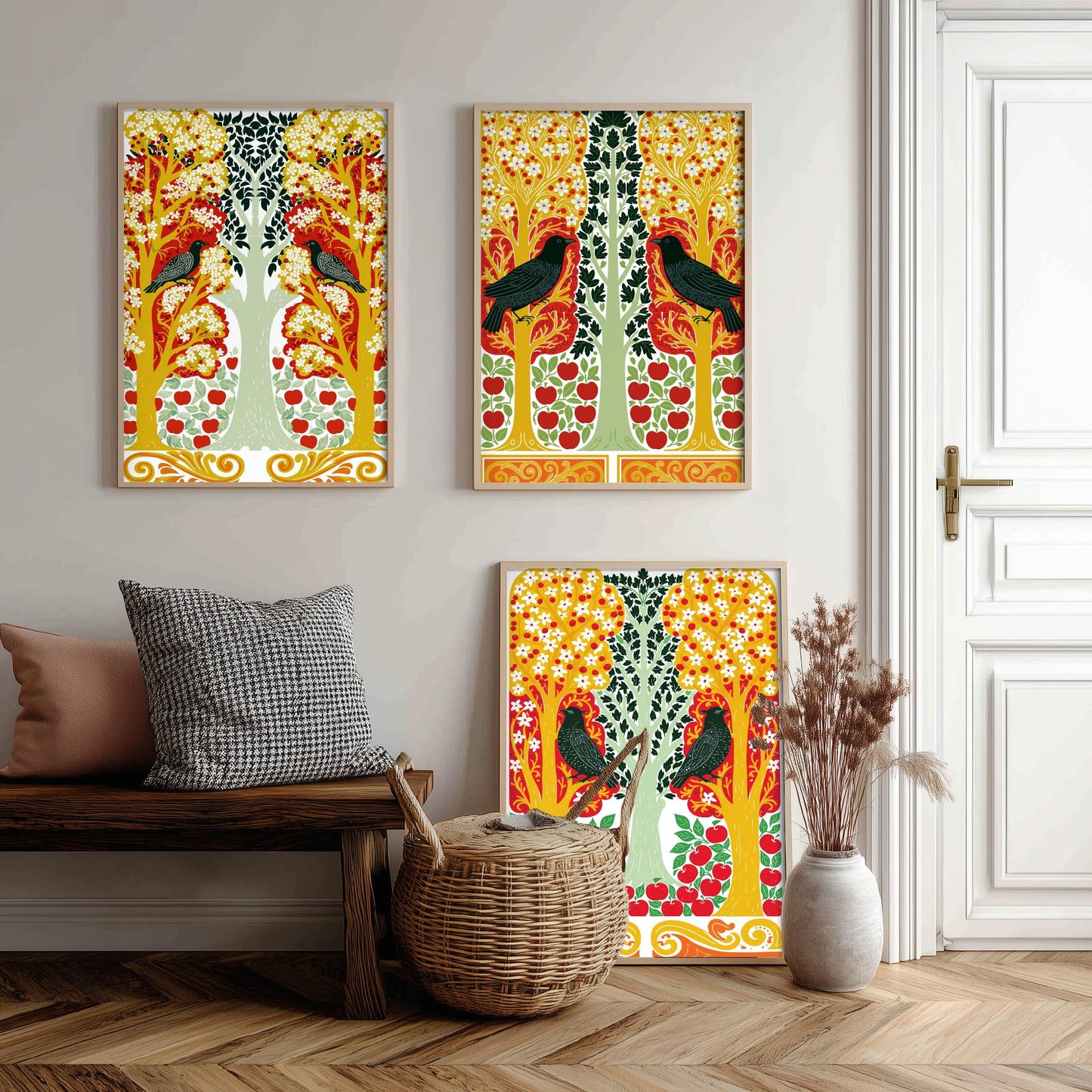 Scottish Book of the Woodlands Art Prints - Set of Three Red & Gold Forest Posters - Blackbird and Apple Tree Paintings V6