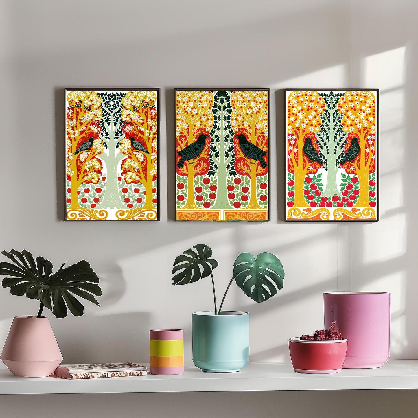 Scottish Book of the Woodlands Art Prints - Set of Three Red & Gold Forest Posters - Blackbird and Apple Tree Paintings V6